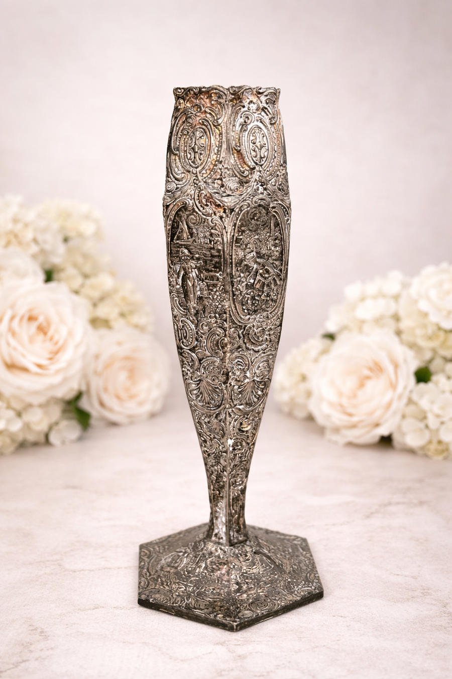 1923 Repoussé Silverplate Spill Vase | Pastoral Relief, Hand-Hammered Form