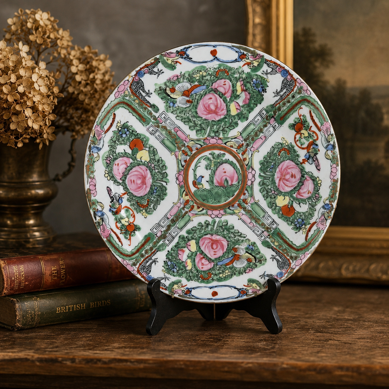 Vintage Rose Canton Decorative Plate 10" With Chinese Proverb