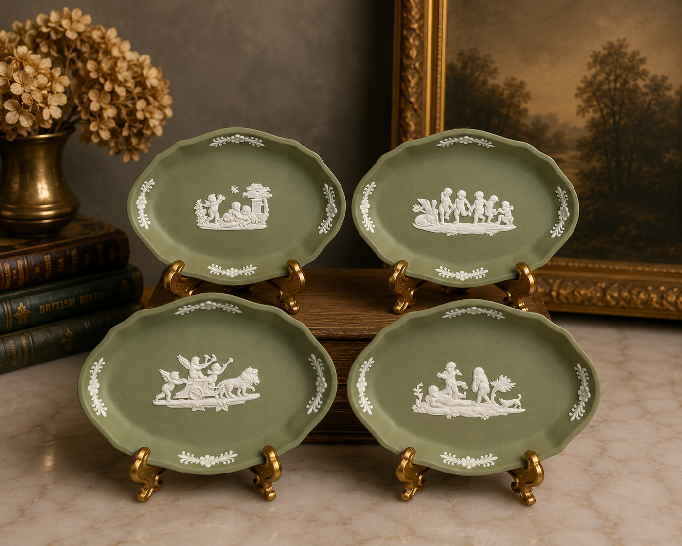 Vintage Sage Wedgwood Jasperware Bundle | Cherub Trinket Dishes, Clover Dish, Miniature Oil Painting & Antique Ormolu Mourning Frame