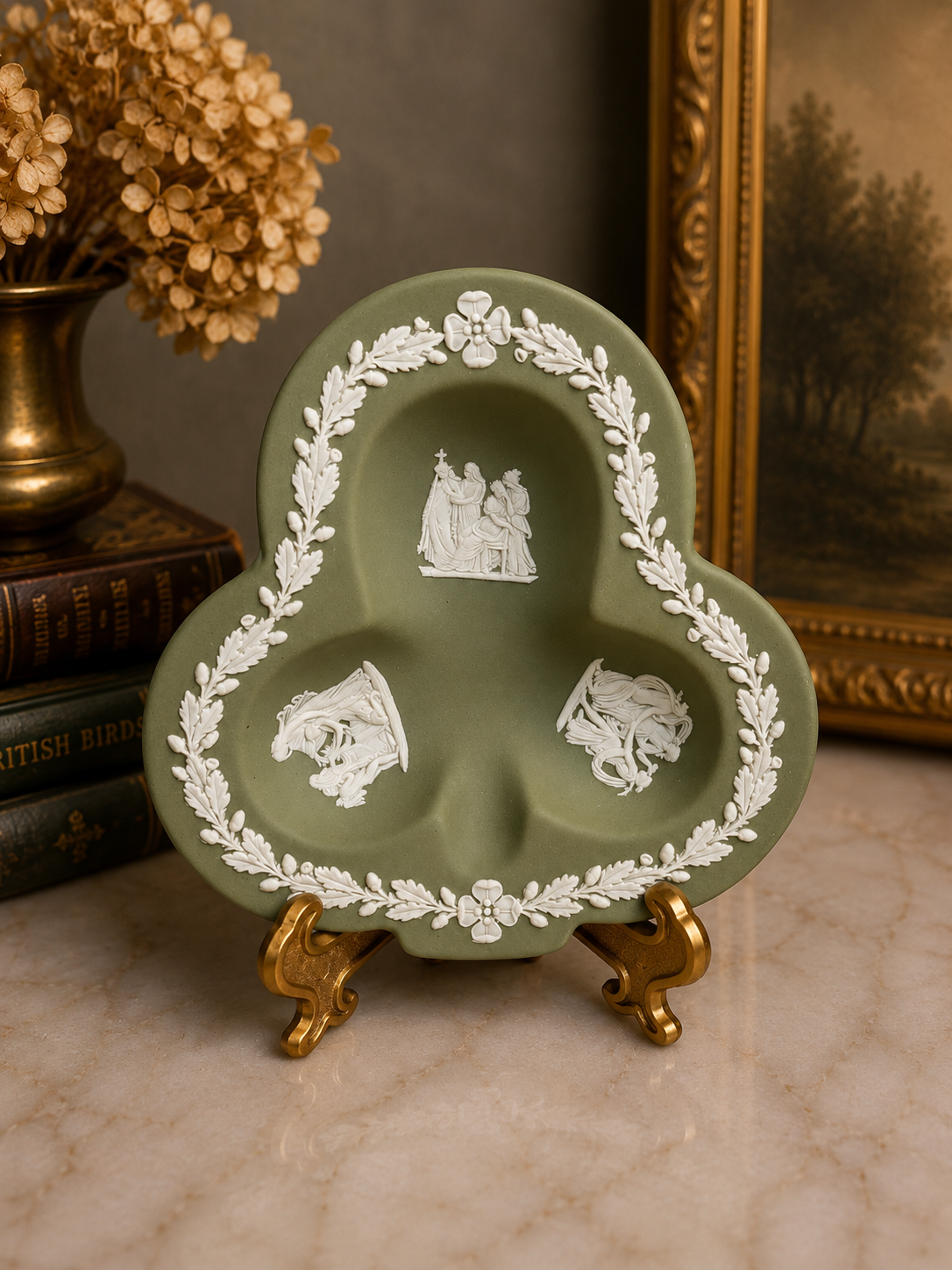 Vintage Sage Wedgwood Jasperware Bundle | Cherub Trinket Dishes, Clover Dish, Miniature Oil Painting & Antique Ormolu Mourning Frame