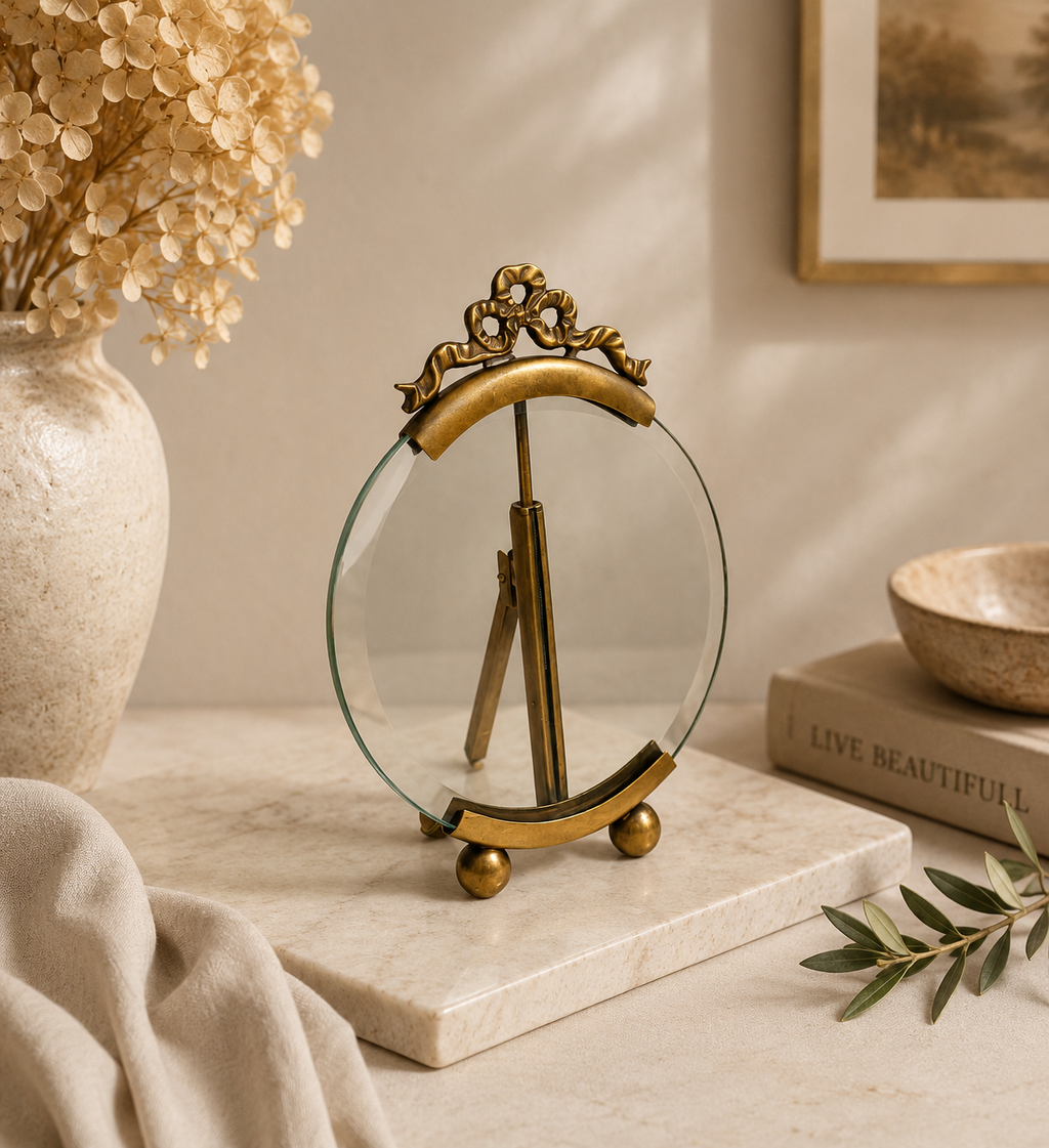 Antique French Style Bow Top Vanity Frame w/ Beveled Glass, Spring Back Bronze Footed Stand c. 1900–1930