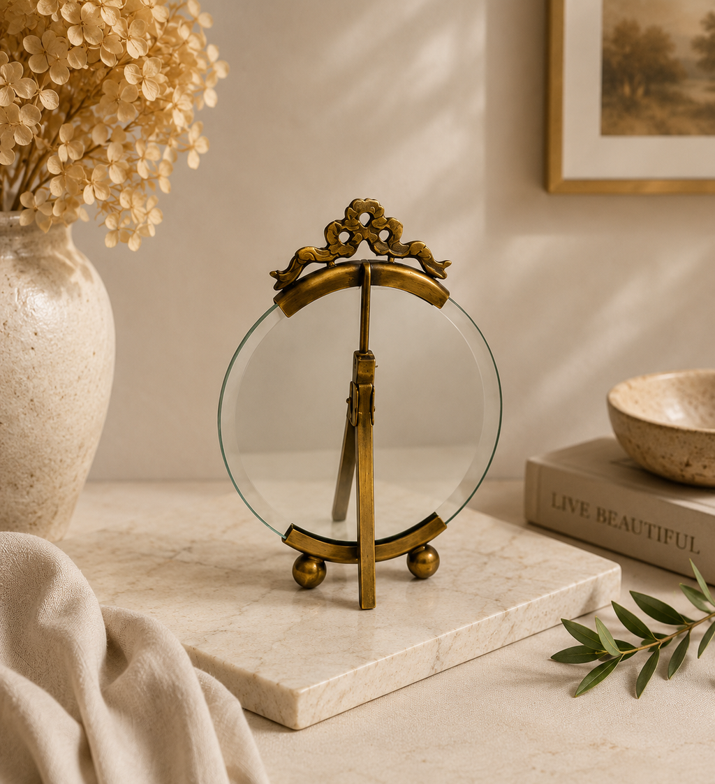 Antique French Style Bow Top Vanity Frame w/ Beveled Glass, Spring Back Bronze Footed Stand c. 1900–1930