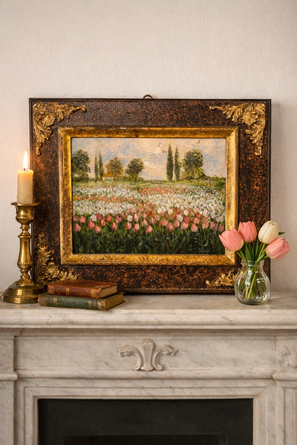 Antique Italian Tulip Field Oil Painting in Aged Gilt Frame with Certificate