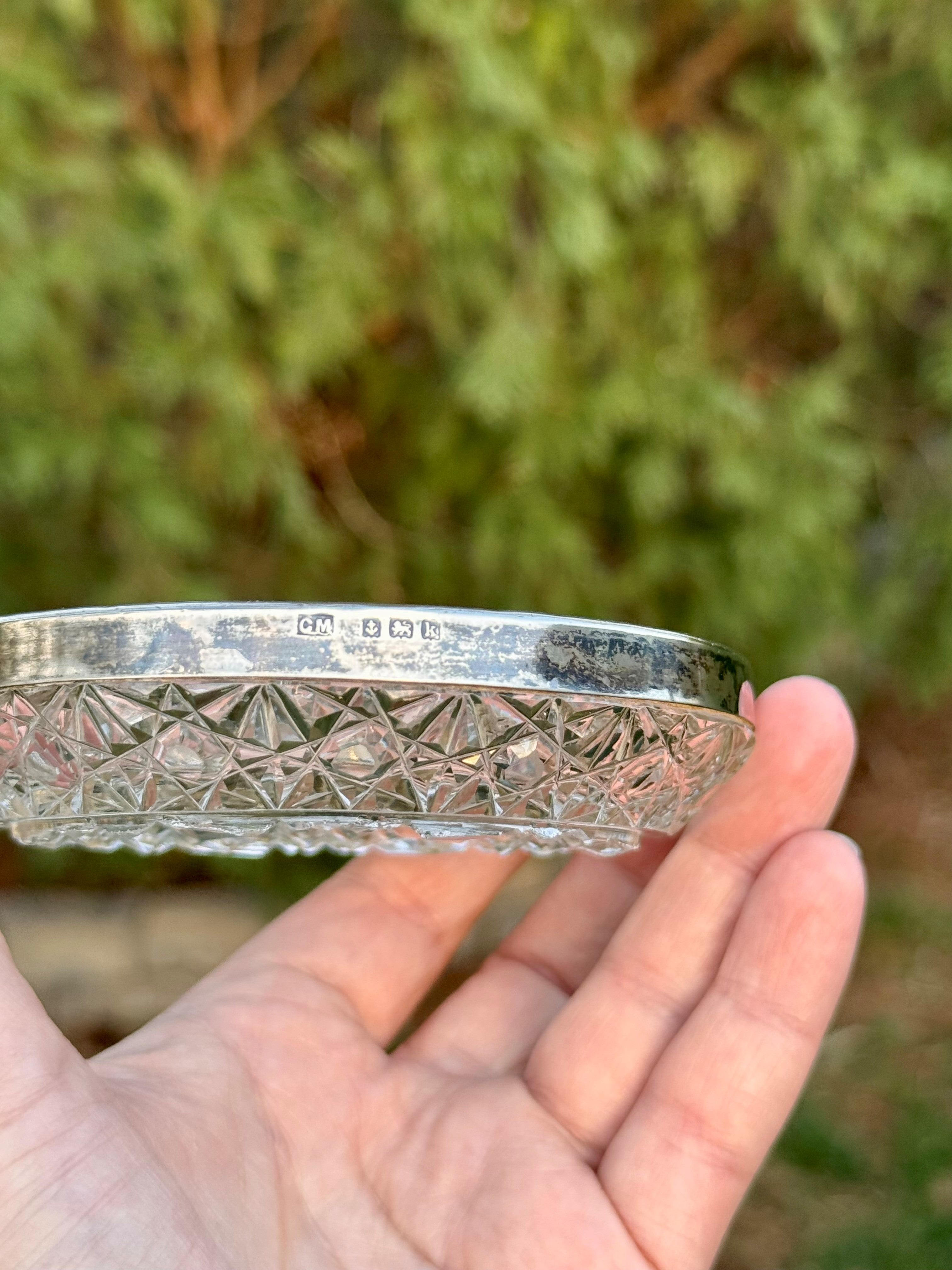 Antique Cut Crystal Dish with Hallmarked Sterling Silver Rim