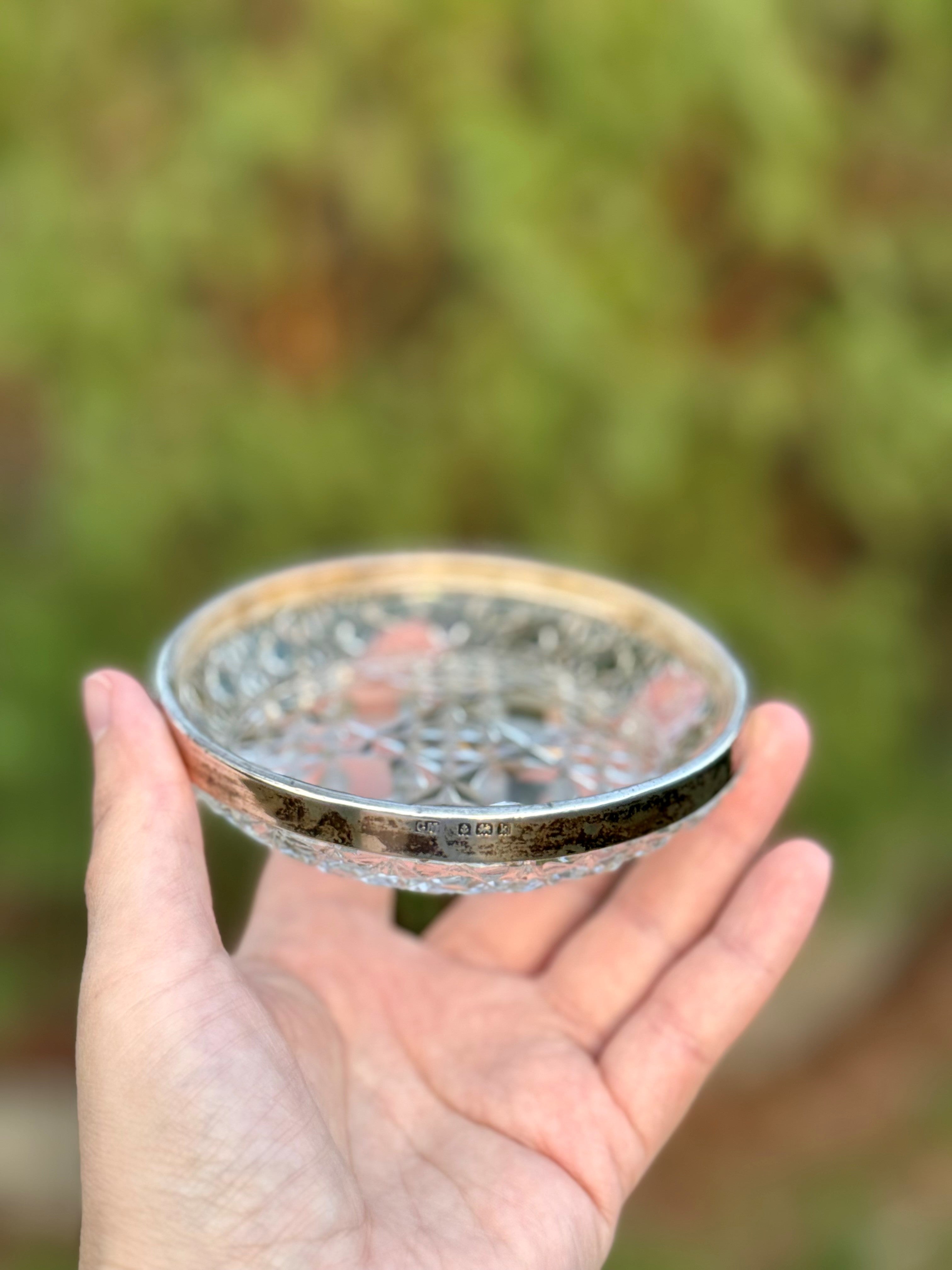 Antique Cut Crystal Dish with Hallmarked Sterling Silver Rim