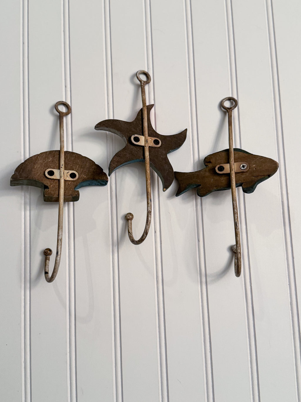 Coastal Wood & Metal Wall Hooks, Set of 3 | Seashell, Starfish & Fish