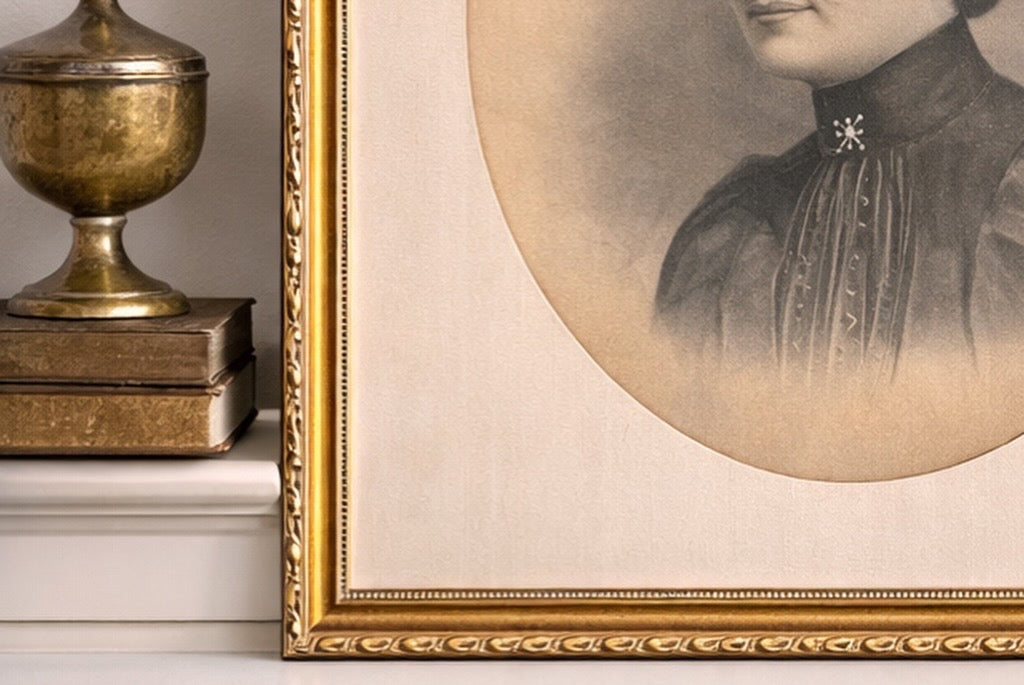Large Framed Antique Graphite Portrait with Blue Pastel, Gilt Frame