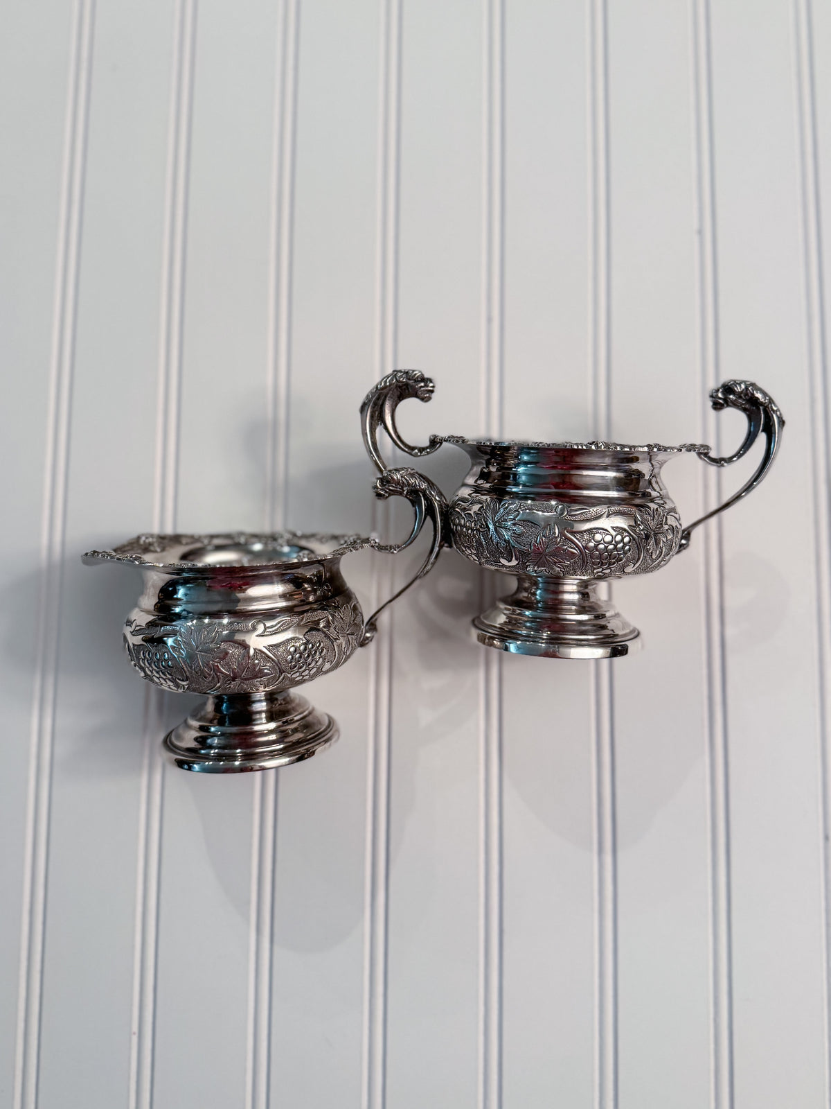 English Old Sheffield Reproduction Silverplate Creamer & Sugar Bowl with Dragon Handles
