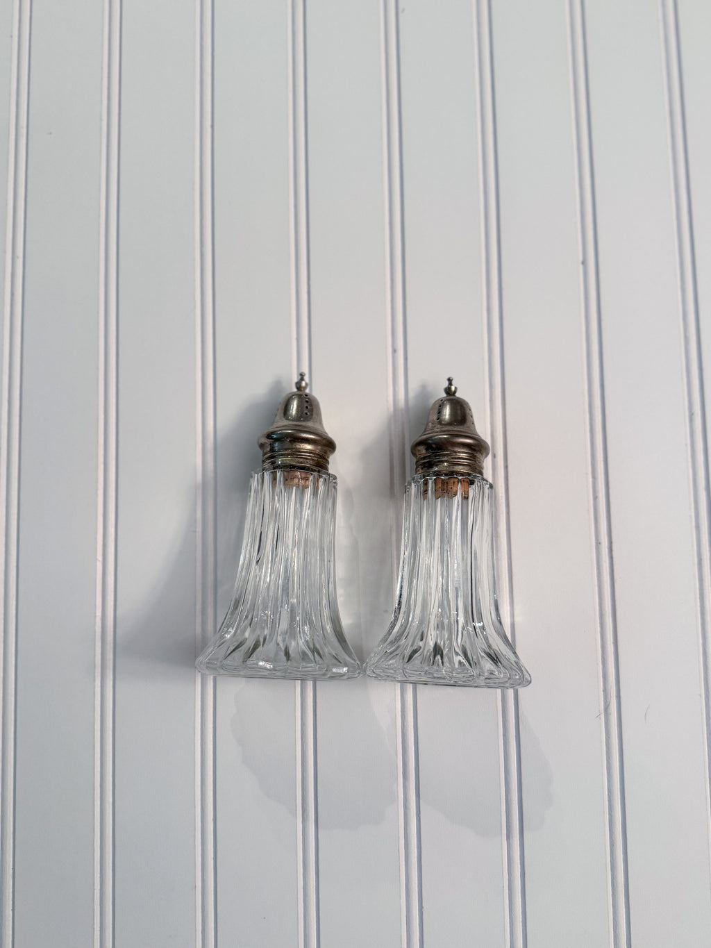 Vintage Fluted Glass Salt & Pepper Shakers with Silver-Tone Tops