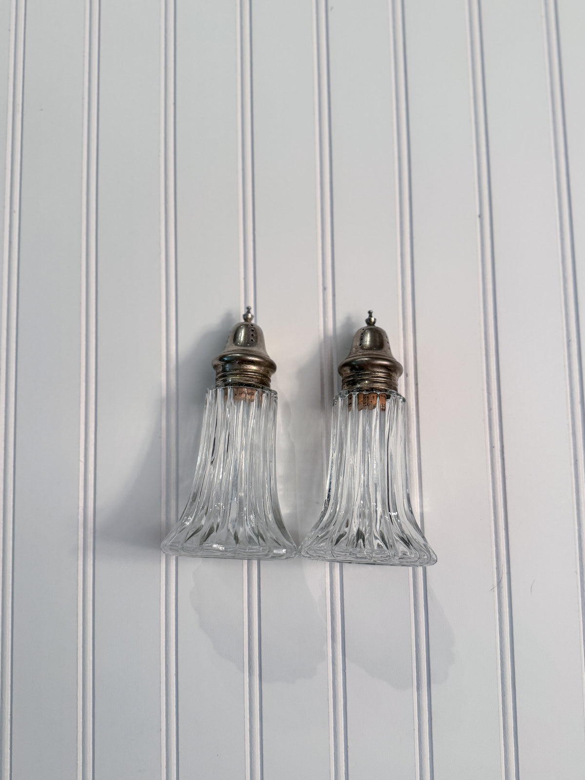 Vintage Fluted Glass Salt & Pepper Shakers with Silver-Tone Tops