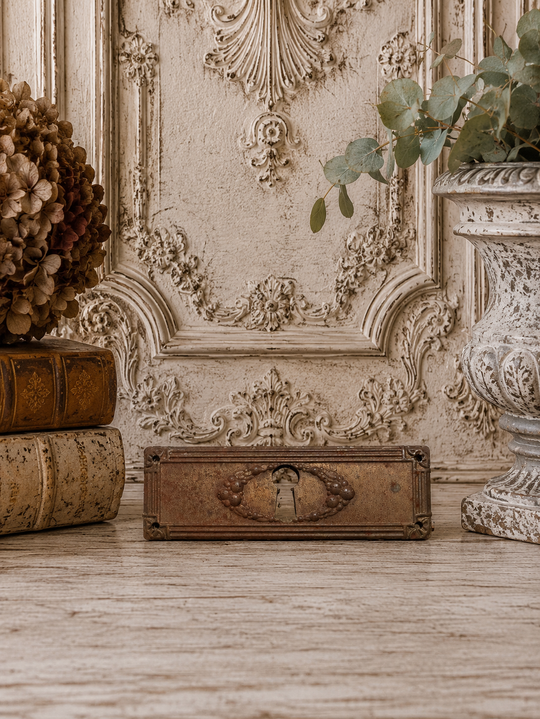 Antique Rectangular Escutcheon Plate with Garland Motif | Decorative Keyhole Cover, 3”