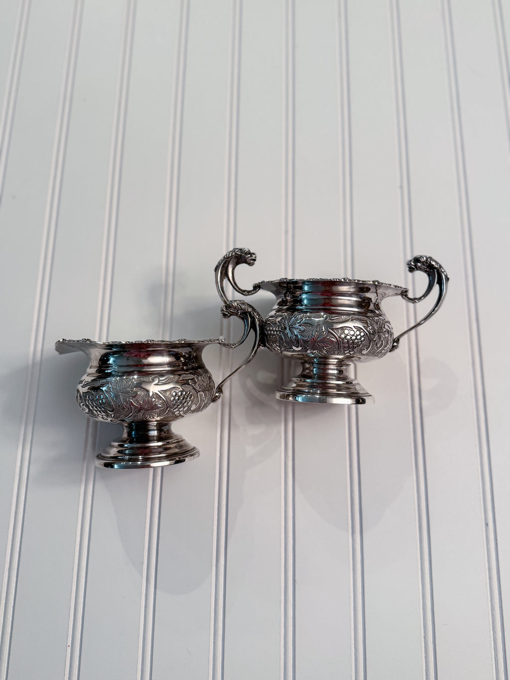 English Old Sheffield Reproduction Silverplate Creamer & Sugar Bowl with Dragon Handles