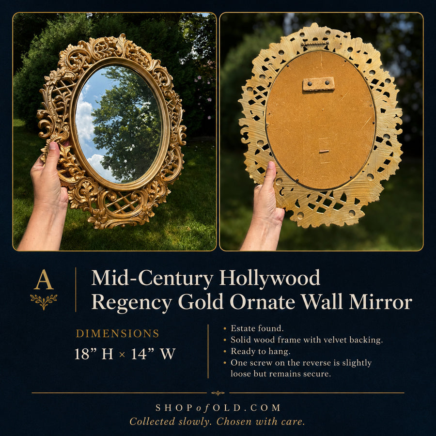 Mid-Century Hollywood Regency Gold Ornate Wall Mirror | Vintage Oval Accent Mirror