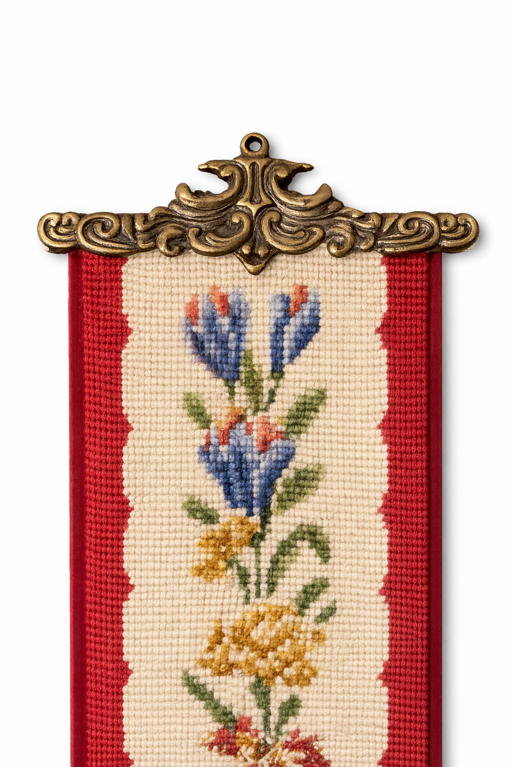 Signed Vintage Needlepoint Bell Pull | Handworked Floral Textile, 65” with Brass Mount