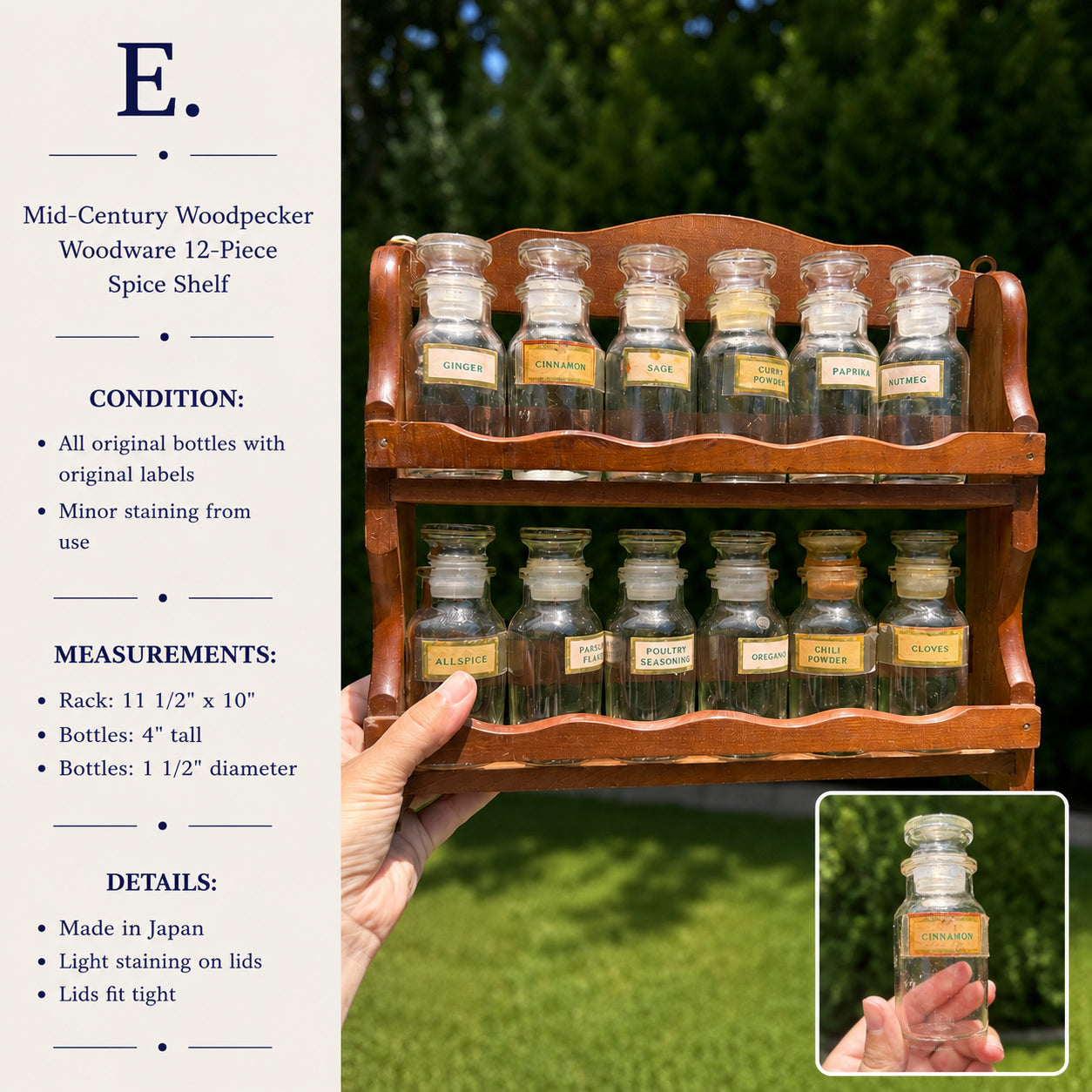 Mid-Century Woodpecker Woodware 12-Piece Spice Rack Set | Made in Japan