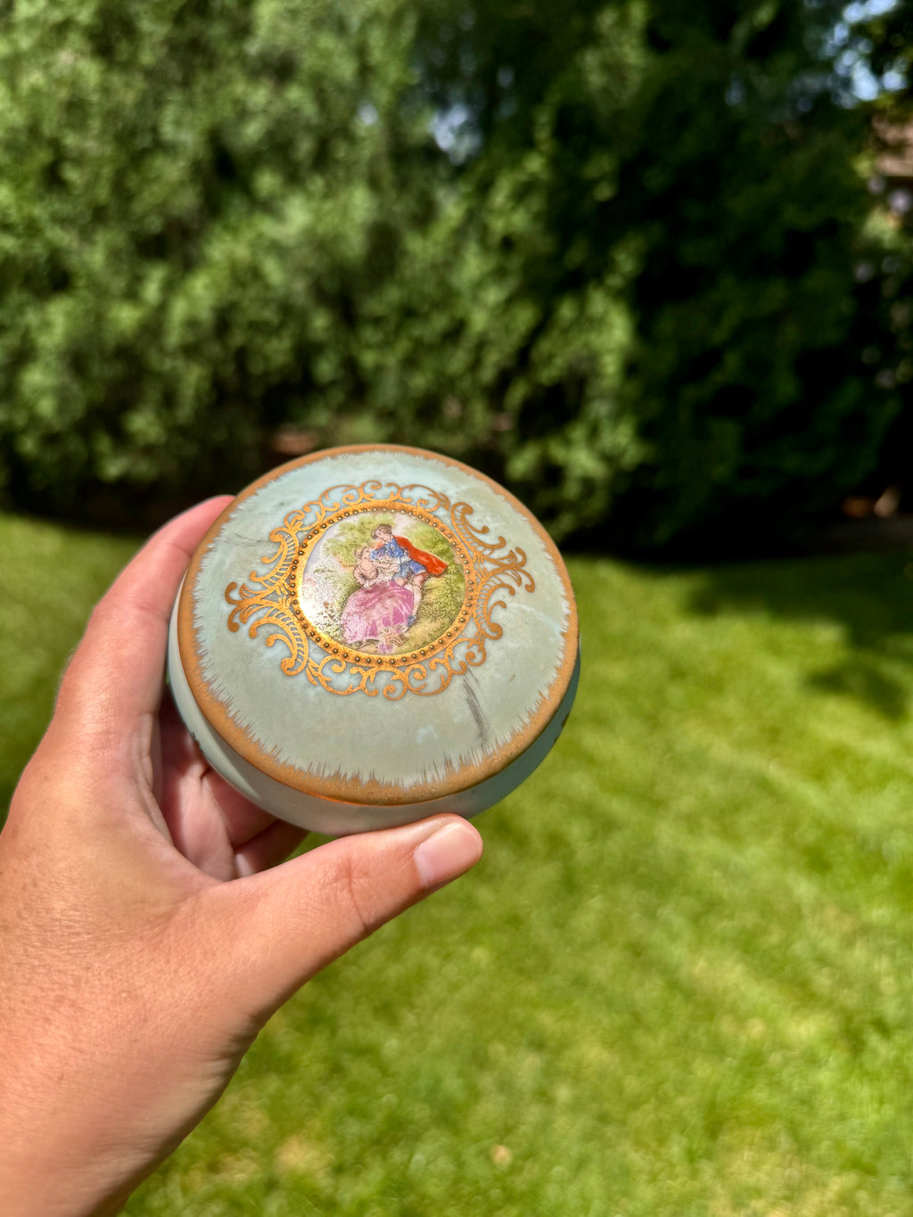 Vintage Lefton Footed Porcelain Trinket Box | Victorian Courting Couple | Made in Japan