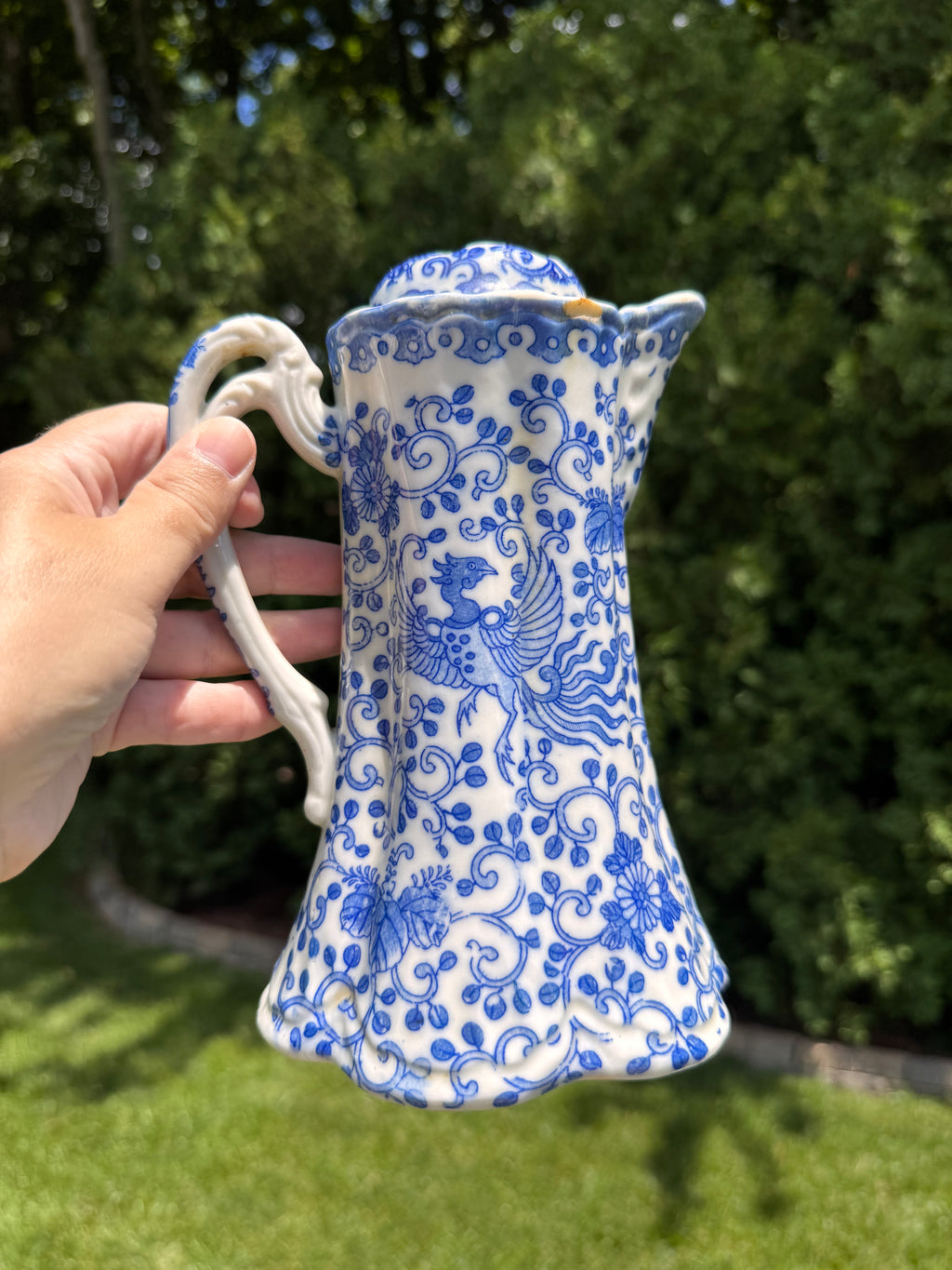 Mid-Century Blue & White Phoenix Bird Cocoa Pitcher