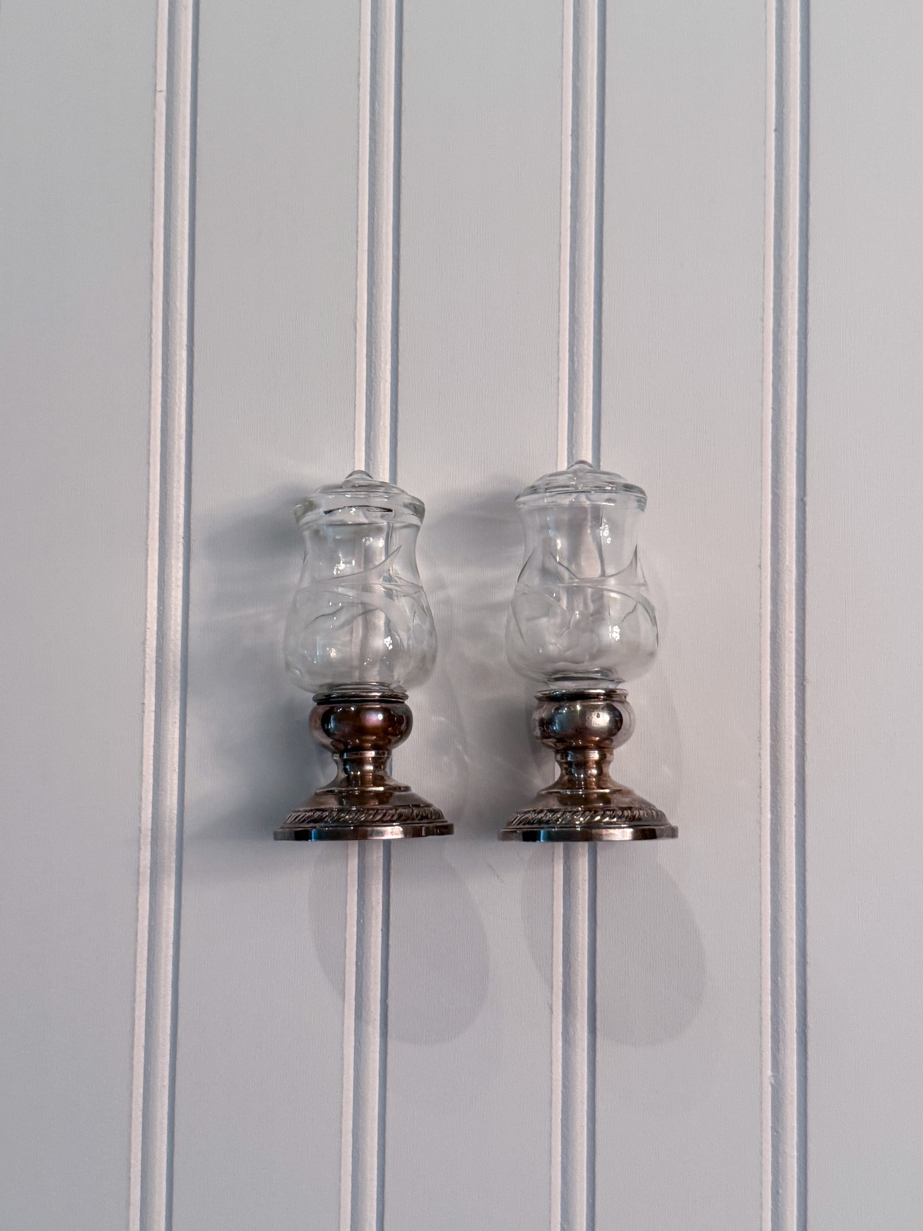 Vintage Quaker Sterling Weighted Salt & Pepper Shakers | Etched Glass Pair