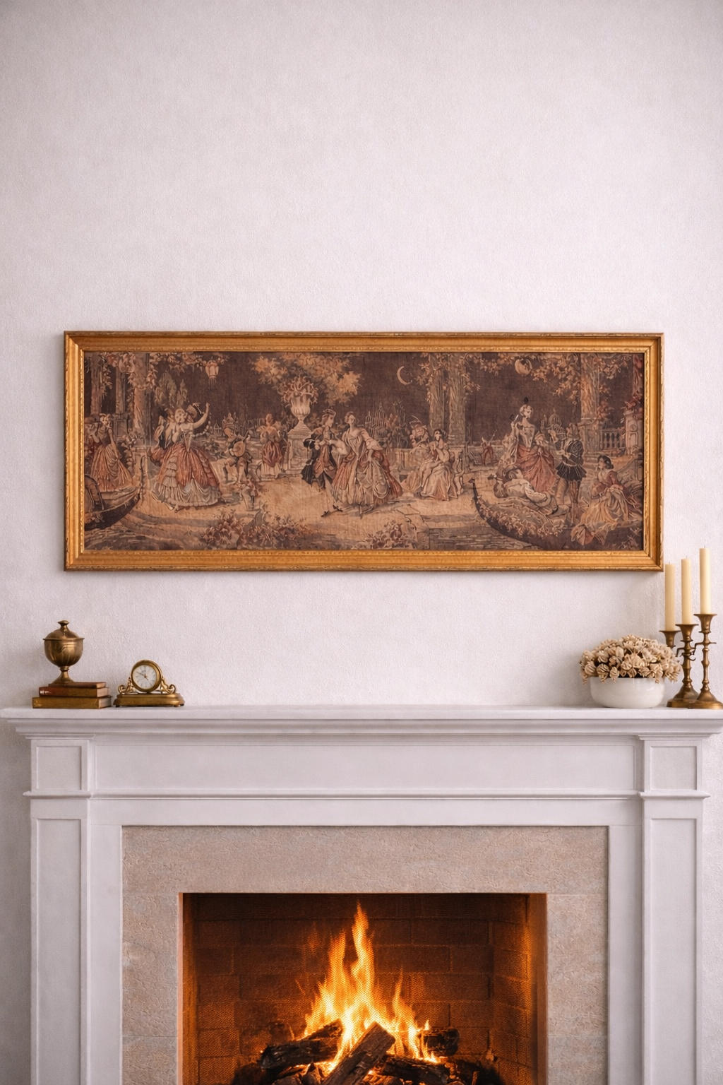 Antique-Style Framed Garden Scene Tapestry, Large Scale (57” W)