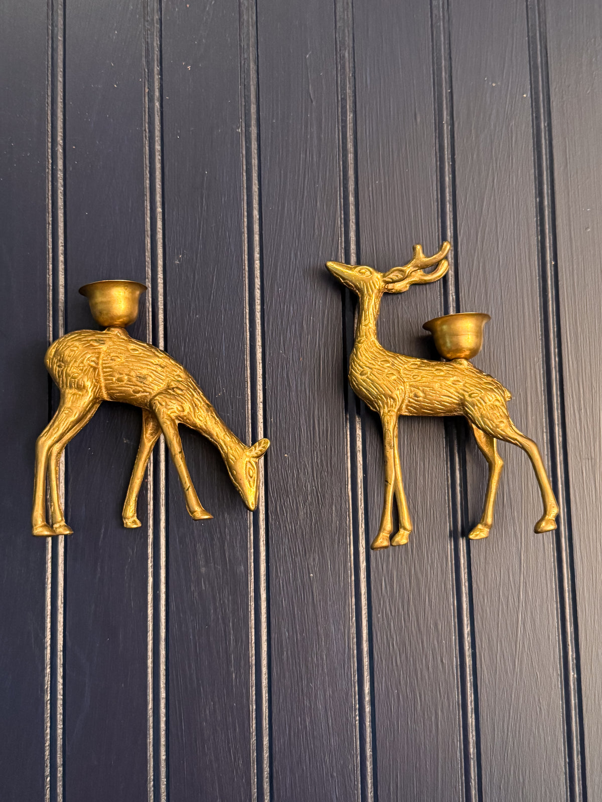 Vintage Solid Brass Stag & Doe Candlestick Holders | Woodland Brass Deer Pair | Mid-Century Decor