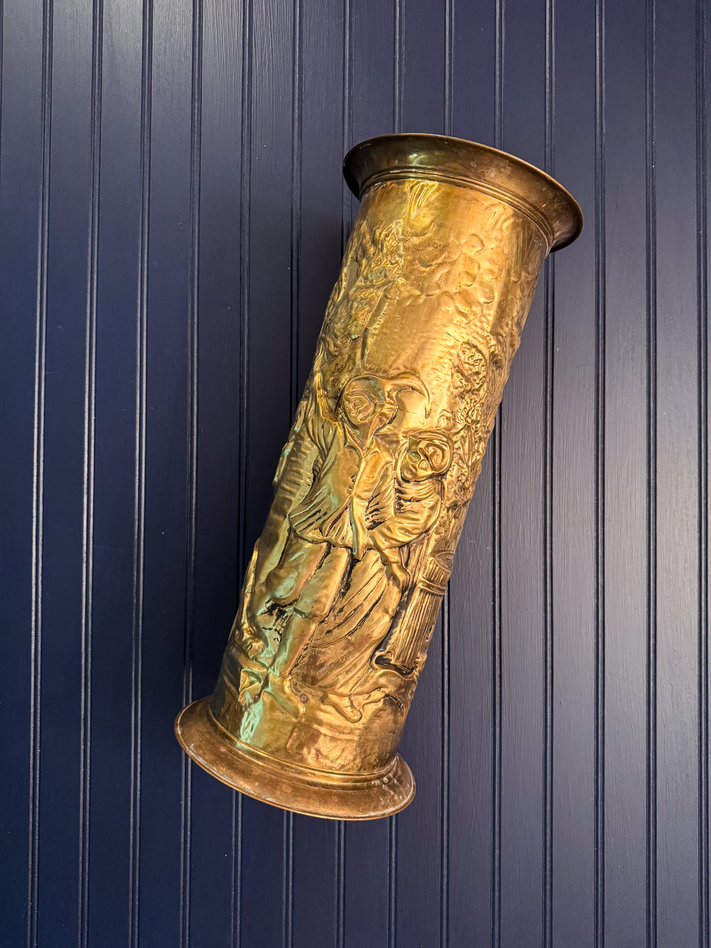 Vintage Brass Umbrella Stand | Embossed Tavern Scene | English Peerage Style | Hall Stand