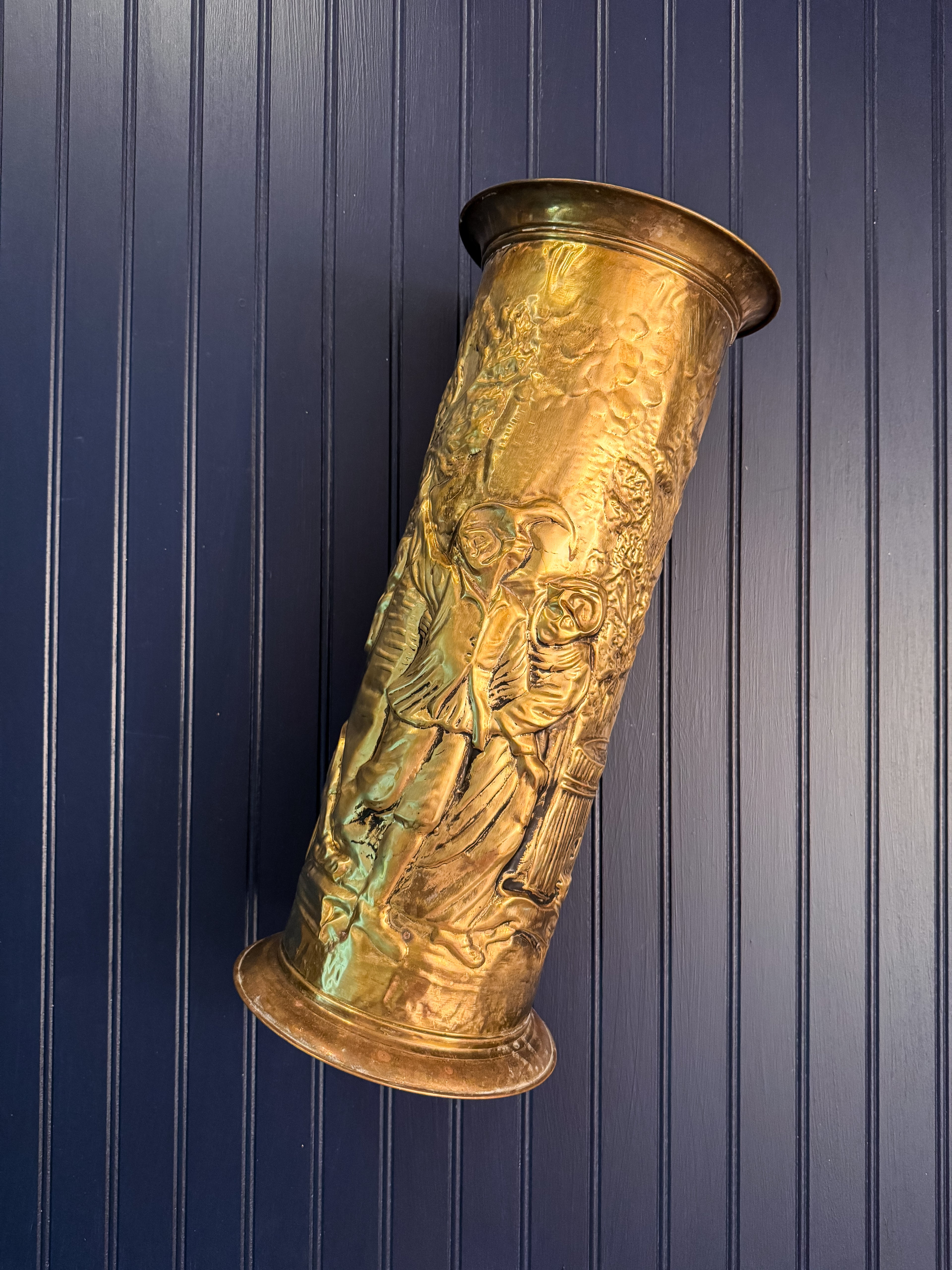 Vintage Brass Umbrella Stand | Embossed Tavern Scene | English Peerage Style | Hall Stand
