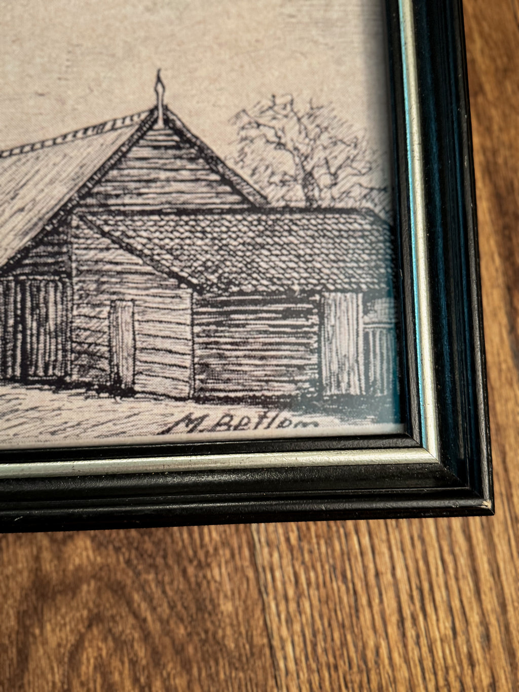Framed Black & White Farmstead Print | Signed M. Betlom | Rustic Countryside Art