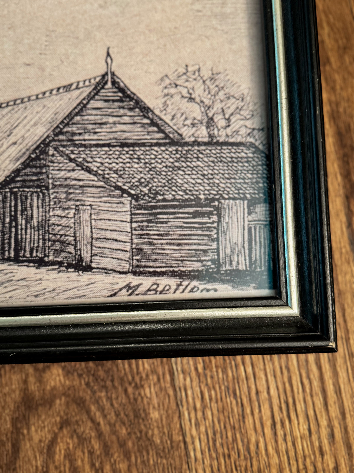 Framed Black & White Farmstead Print | Signed M. Betlom | Rustic Countryside Art