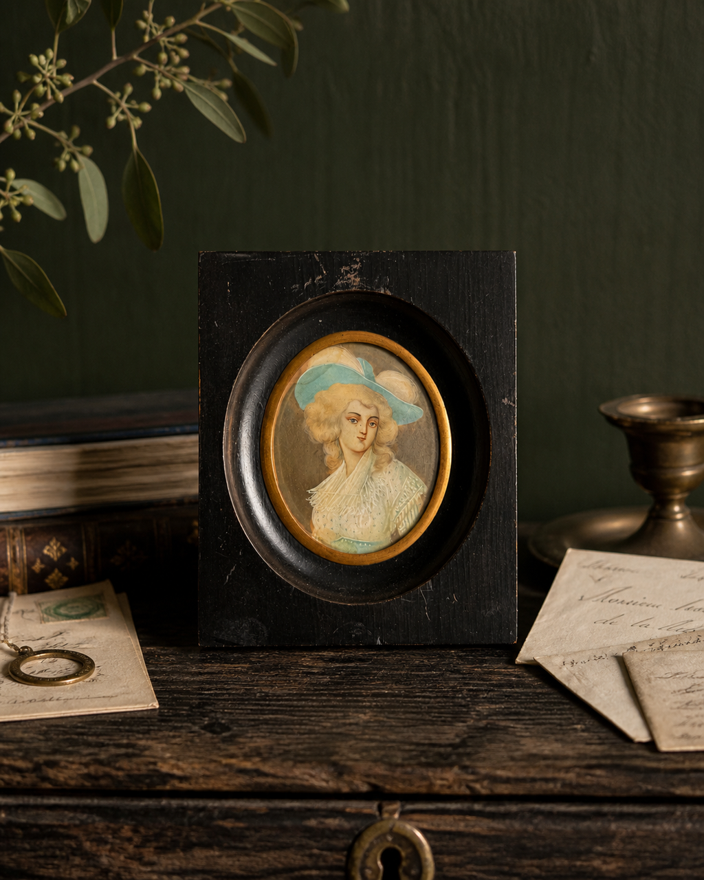 Antique Hand-Painted Porcelain Portrait Miniature in Ebonized Frame, Georgian-Style Duchess Study with Handwritten Backing