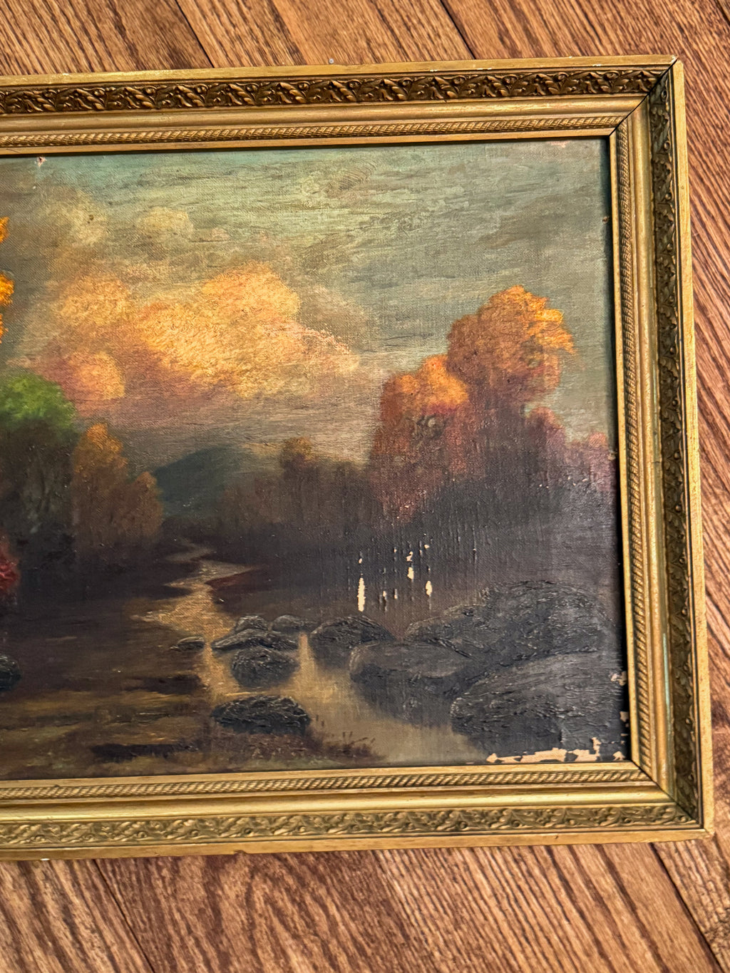 Signed Antique Tonalist Autumn River Landscape Oil Painting by R. Watkins | Original Gilt Frame