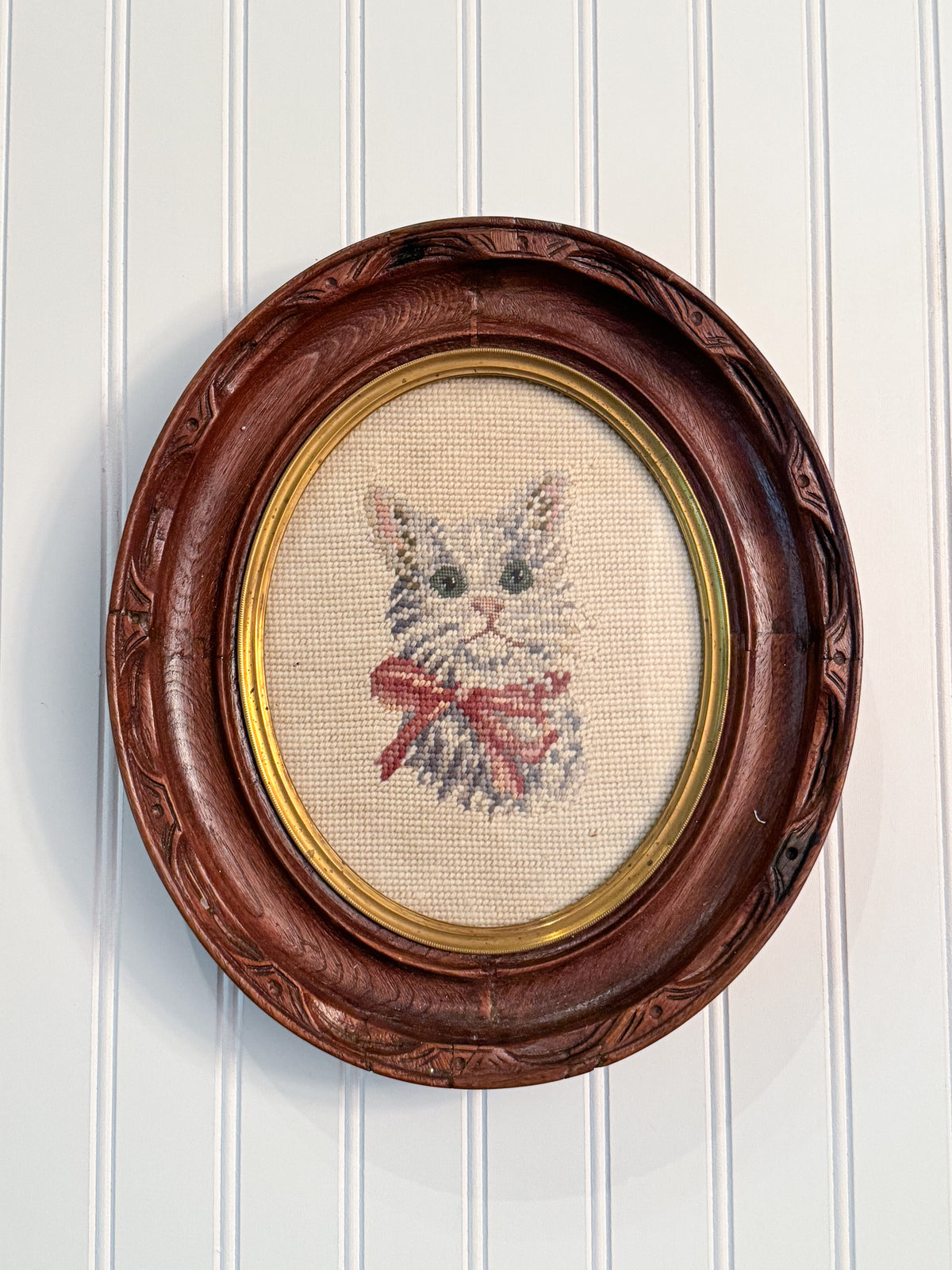Vintage Framed Kitten Needlepoint | Oval Cat Portrait with Pink Bow
