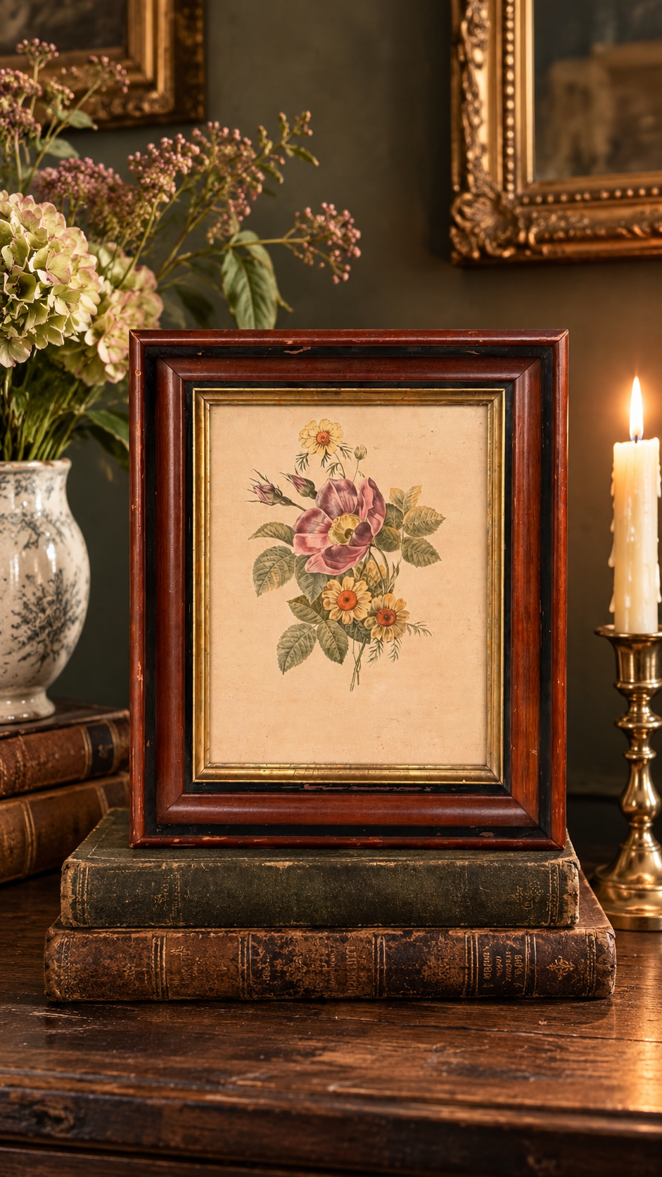 Antique Hand-Colored French Botanical Print | Rose d’Amour et Souci de la Vigne | Framed Floral Study