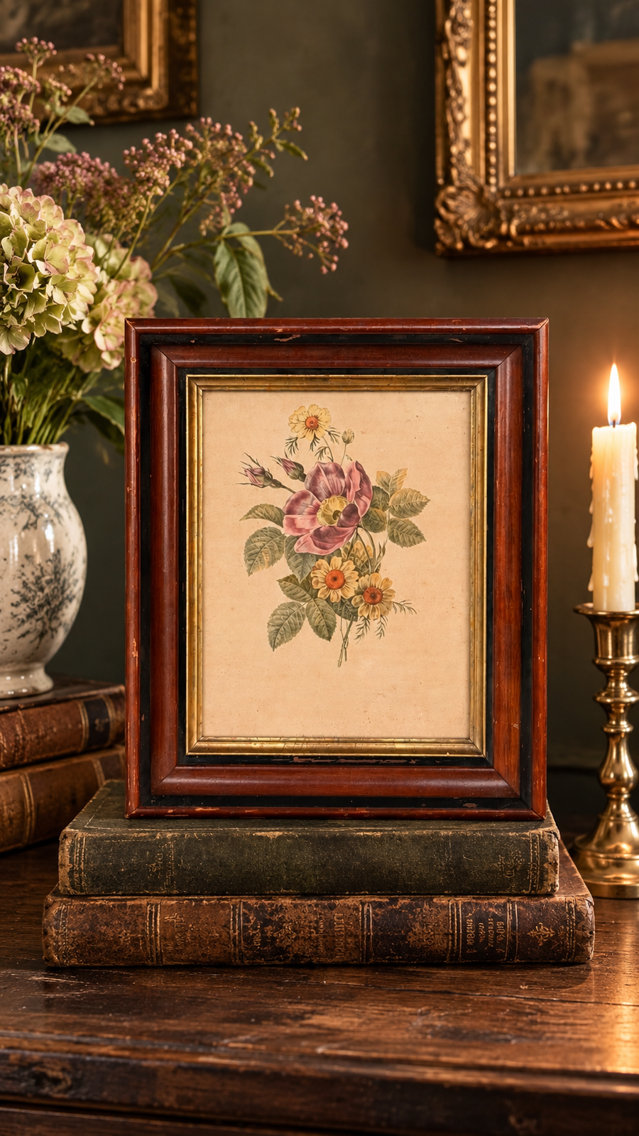 Antique Hand-Colored French Botanical Print | Rose d’Amour et Souci de la Vigne | Framed Floral Study