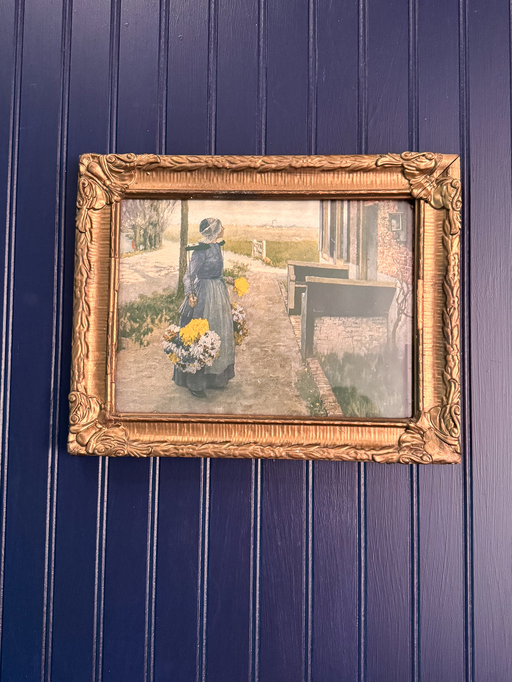 Vintage Framed “Flower Girl in Holland” Print | After George Hitchcock | Ornate Gilt Gesso Frame | Dutch Genre Scene