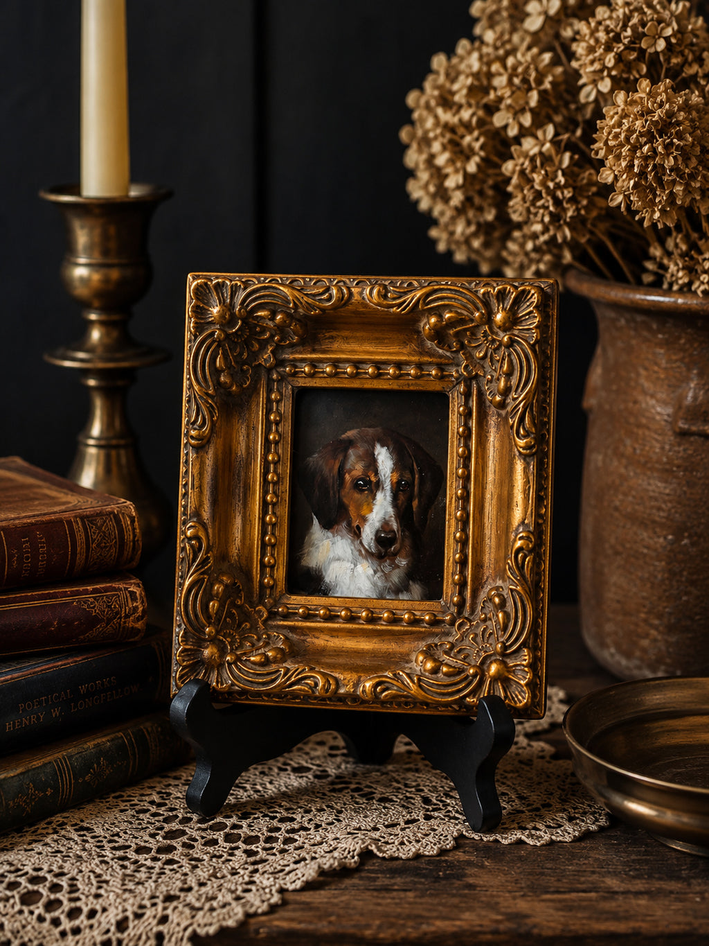 Original Oil on Board Dog Portrait in Ornate Gilt Wood Frame | Framed Hound Painting