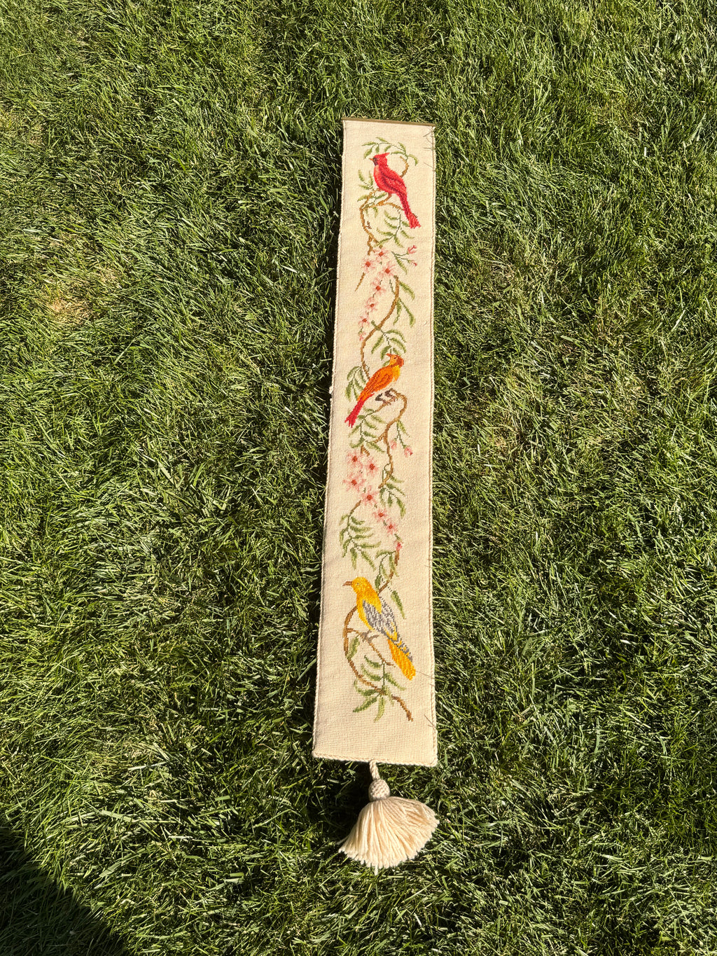 Vintage Needlepoint Cardinal Bell Pull with Brass Hanger & Tassel