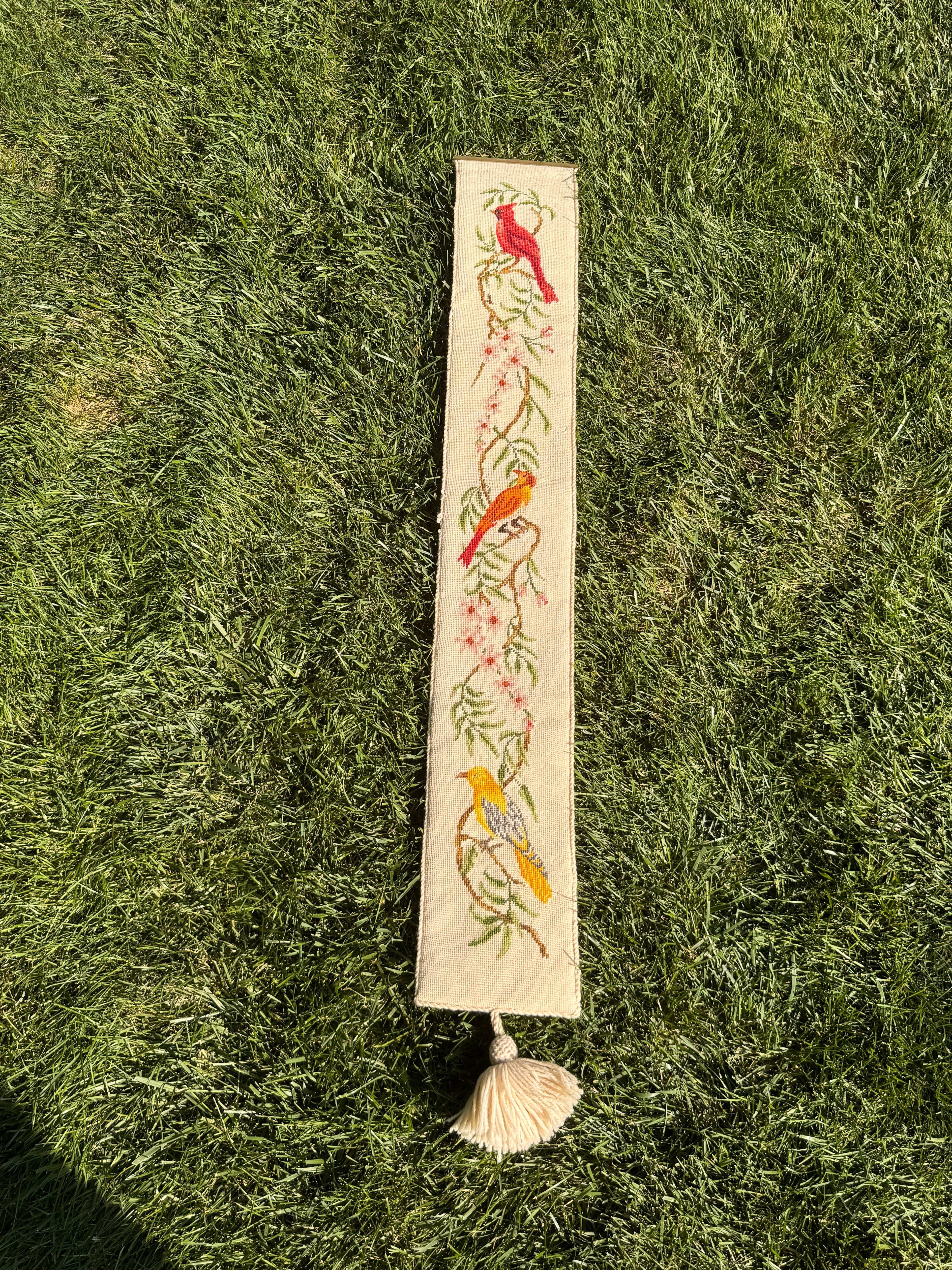 Vintage Needlepoint Cardinal Bell Pull with Brass Hanger & Tassel