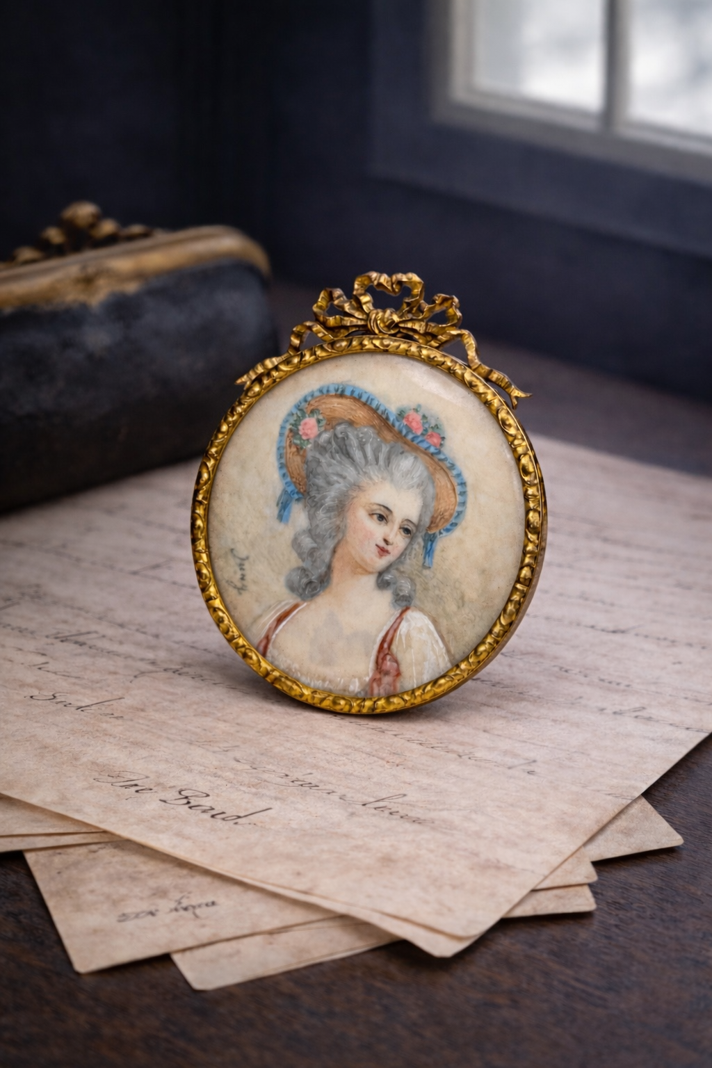 French Hand-Painted Portrait Miniature, Signed Juny, “Mlle Dugazon” Inscribed, Gilt Bronze Frame