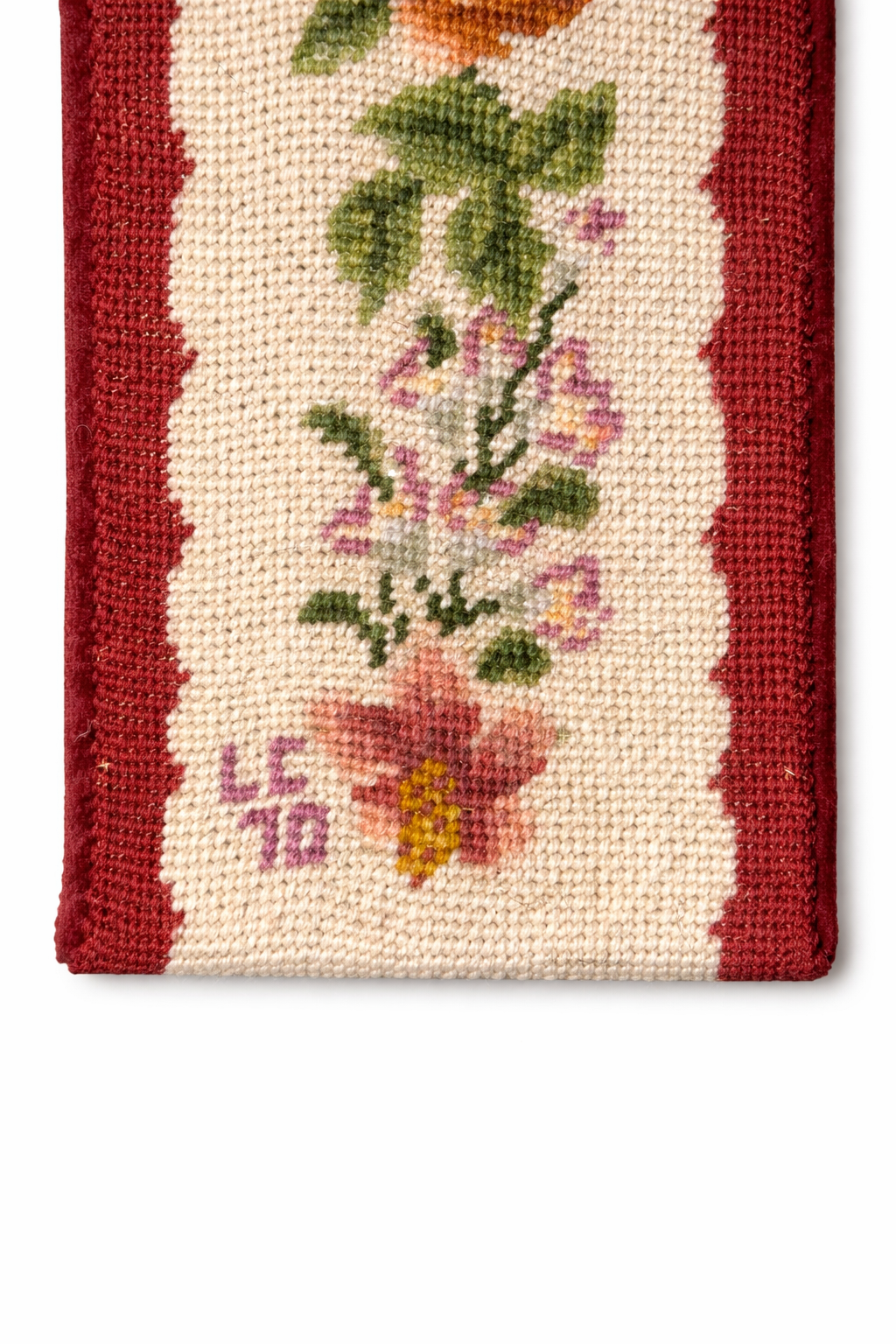 Signed Vintage Needlepoint Bell Pull | Handworked Floral Textile, 65” with Brass Mount