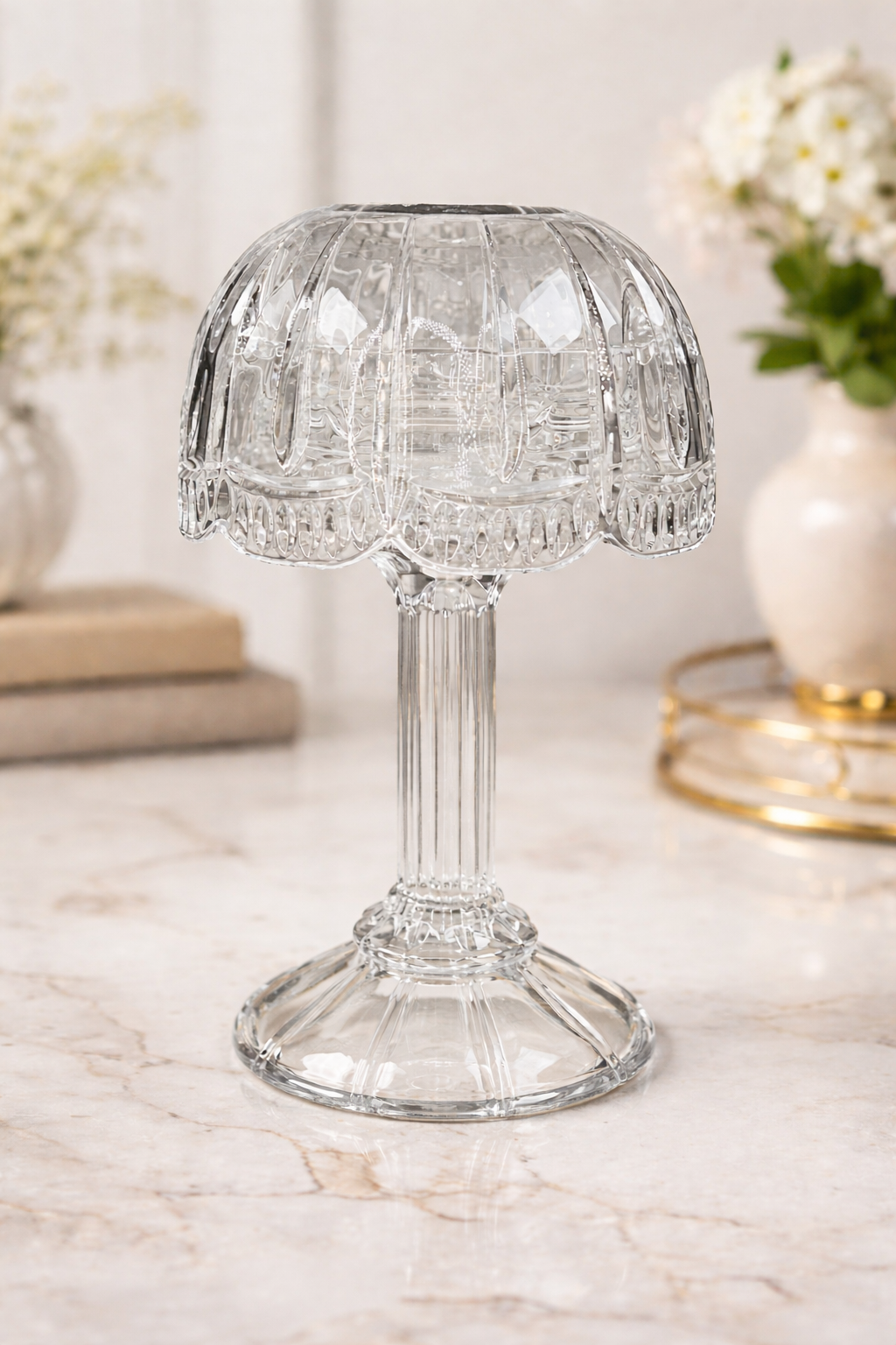 Sculptural Pressed Glass Fairy Lamp on Pedestal