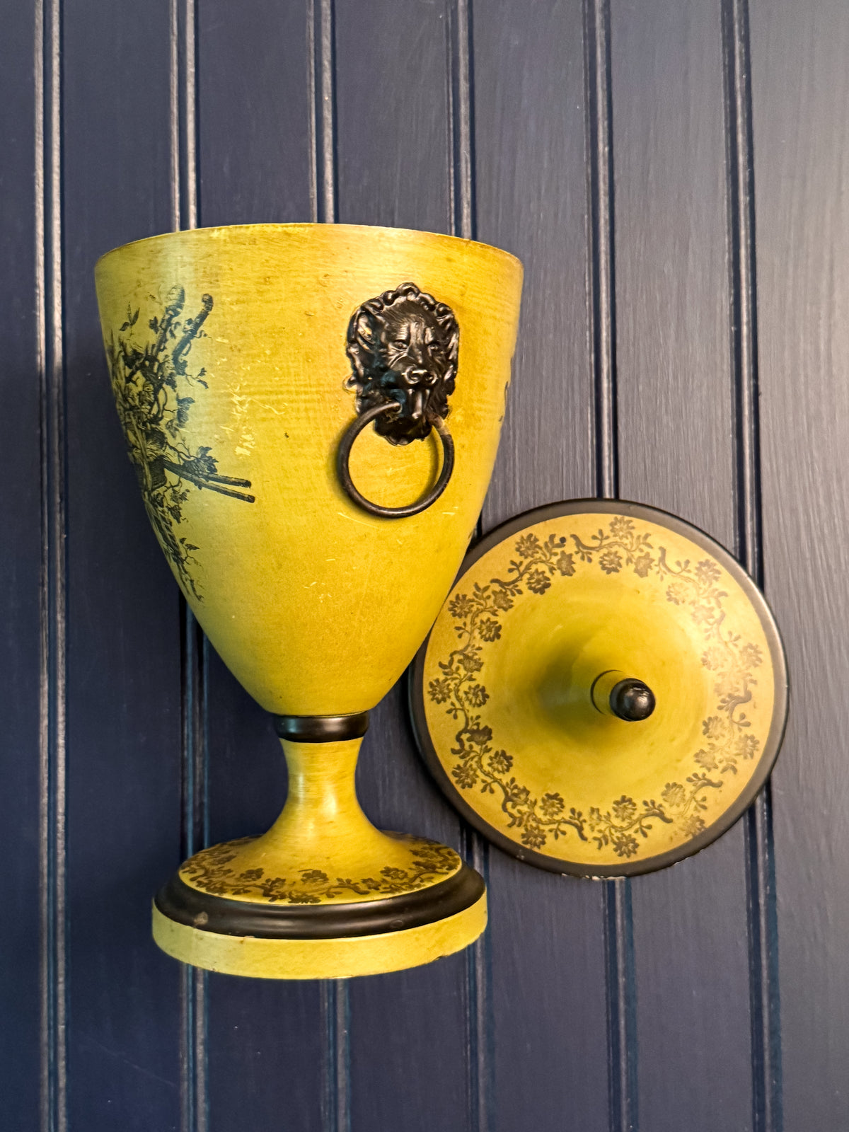 Pair of Vintage Italian Toleware Lidded Urns | Neoclassical Lion Handle Pedestal Urns