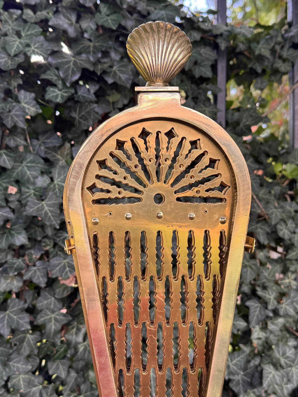 Vintage Solid Brass Peacock Fan Fireplace Screen | Hollywood Regency Folding Clamshell Fire Screen
