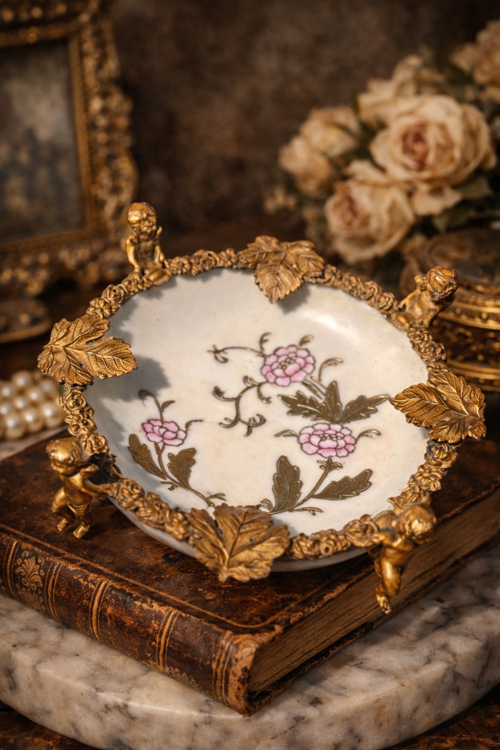Meissen-Style Porcelain Dish in Gilt Bronze Cherub Mount | Napoleon III Style