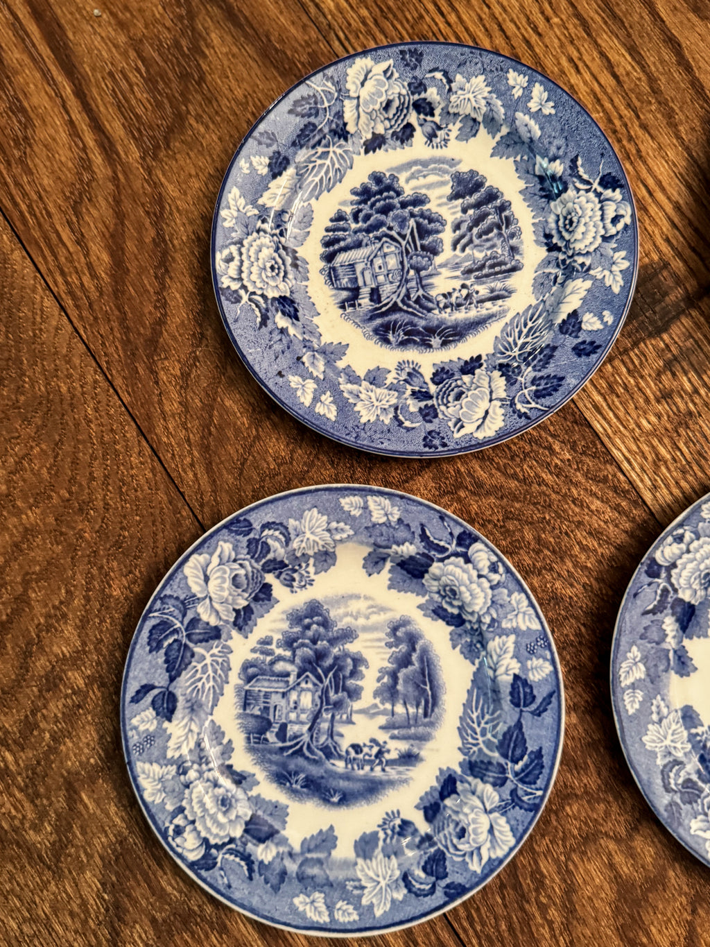Vintage Woods Ware English Scenery Blue Transferware Saucers | Set of 4
