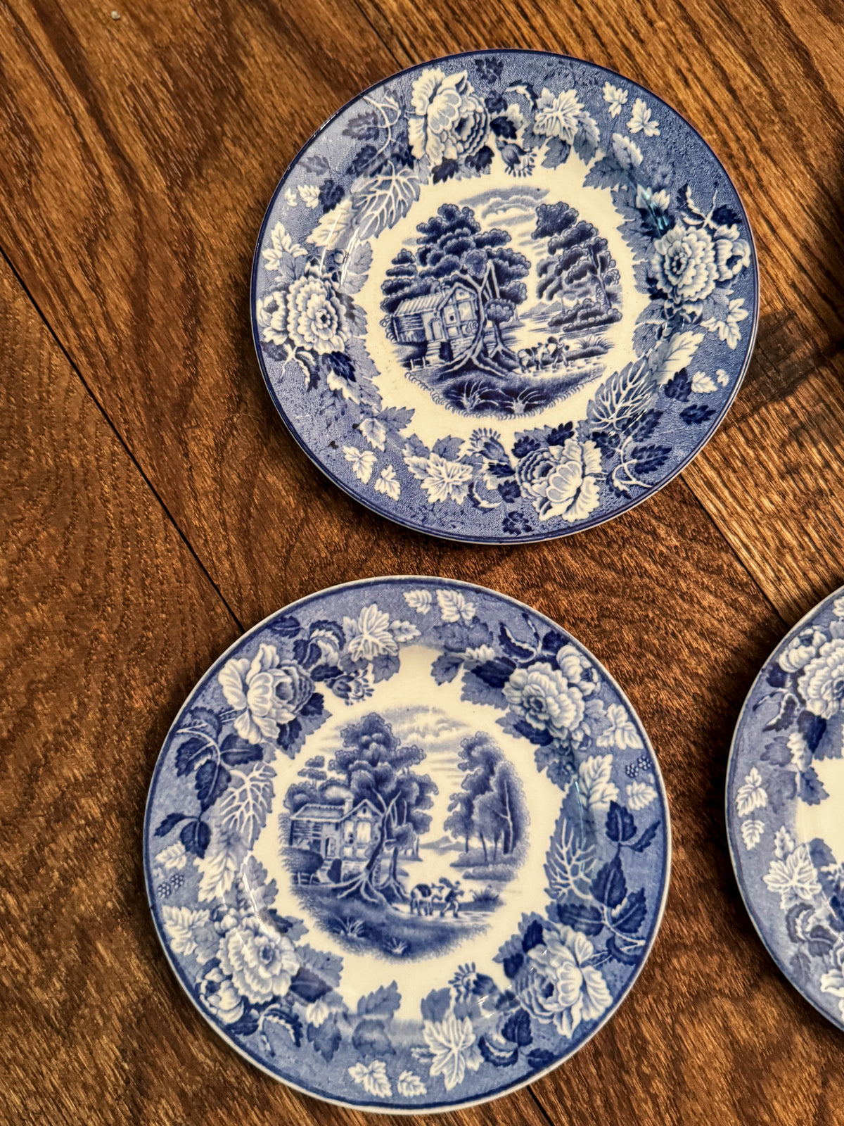Vintage Woods Ware English Scenery Blue Transferware Saucers | Set of 4