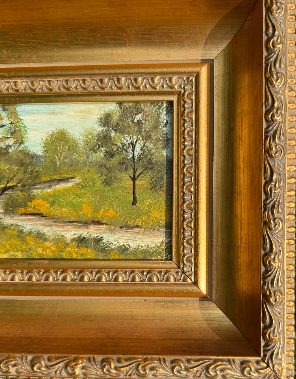 Vintage Signed Landscape Oil on Board with Creek in Gilt Frame