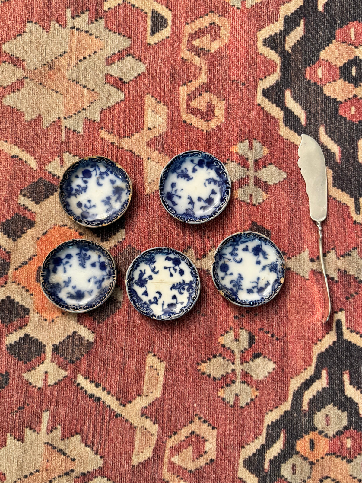 Antique Flow Blue Butter Pats with Silverplate Master Butter Knife | Set of Five