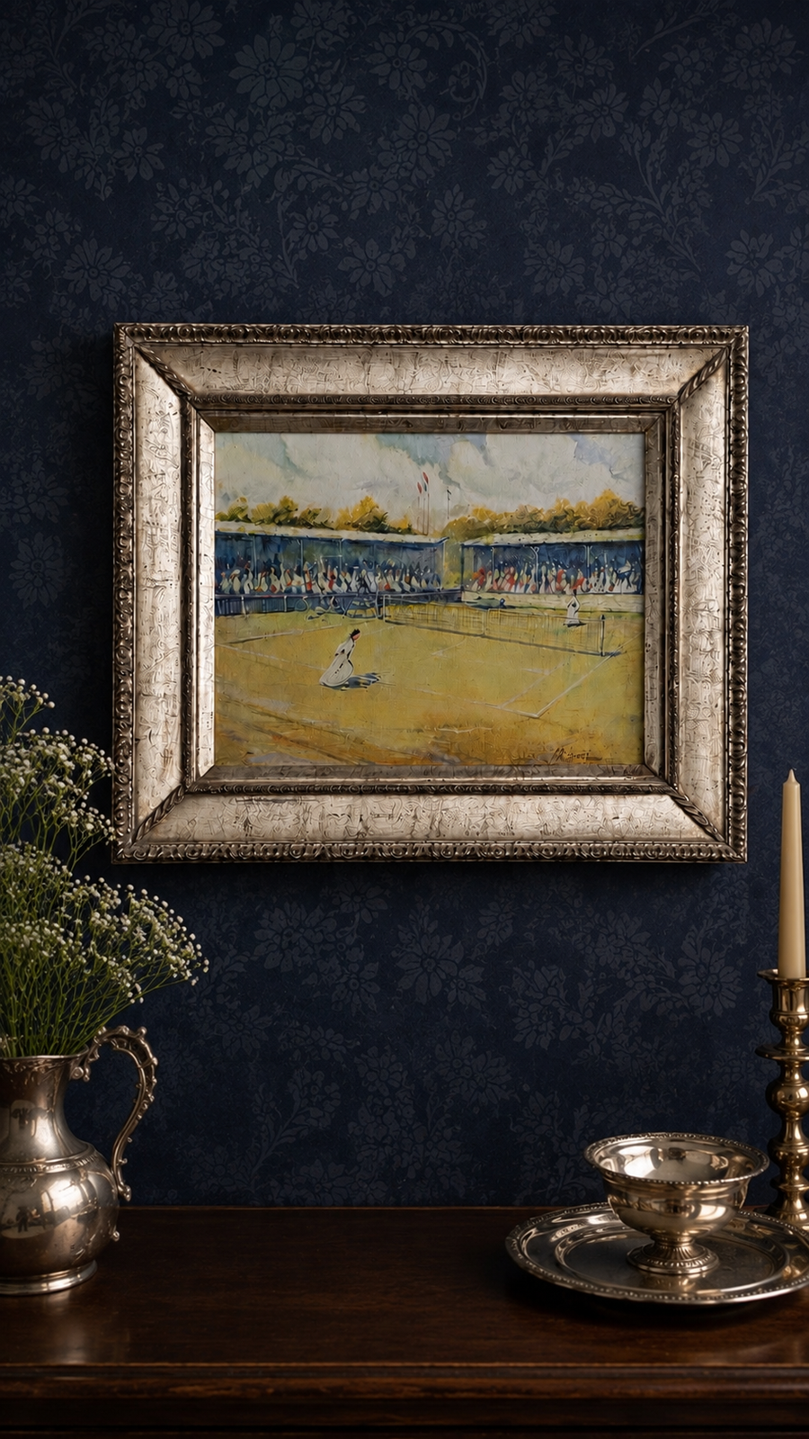 Original Signed Monique Sakellarios “Mikail” Tennis Oil on Canvas | Framed Edwardian Court Scene