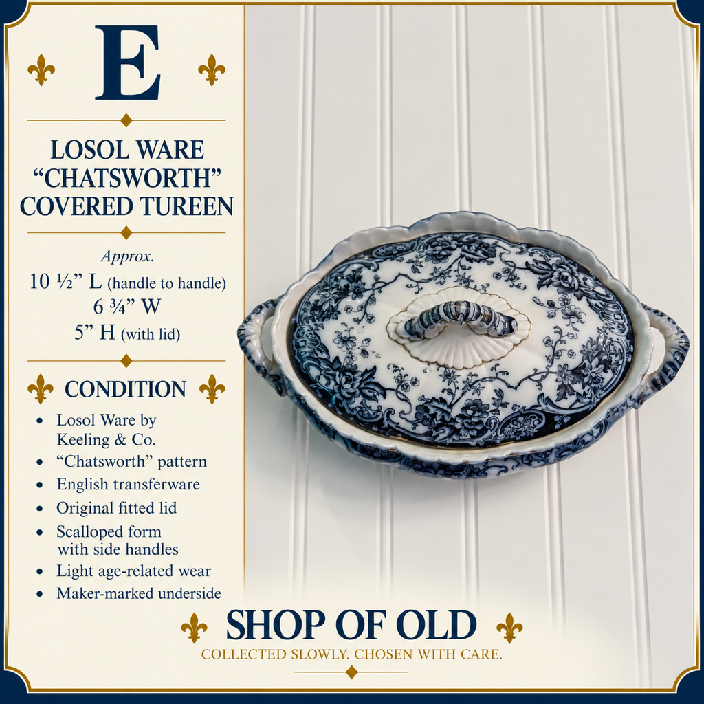 Antique Losol Ware Chatsworth Covered Tureen | Keeling & Co. English Blue Transferware