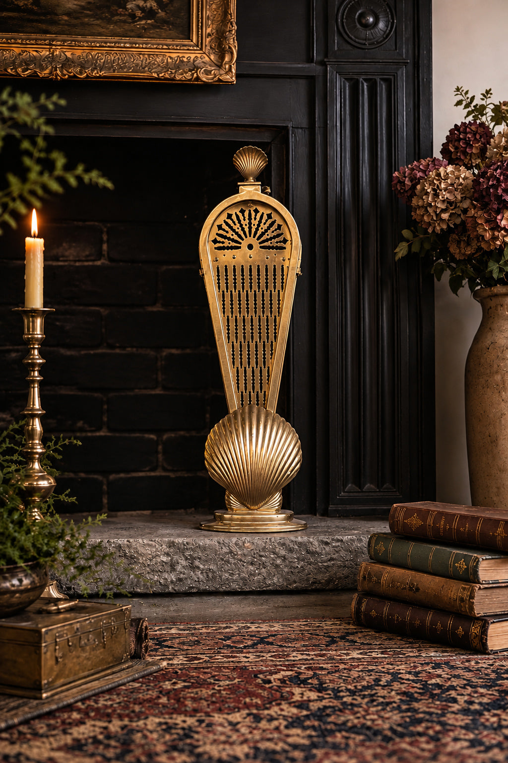 Vintage Solid Brass Peacock Fan Fireplace Screen | Hollywood Regency Folding Clamshell Fire Screen